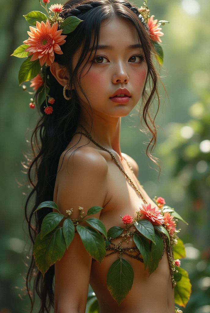 macro, ((beautiful Indonesian girl)), realistic skin texture, leaves outfit, strapless, fantasy, fairytale, space adventurer, scifi character, cute, character, vivid colors, intricately detailed sharp focus, cinematic lighting, rim lighting, masterpiece, ((multicolored flower petals, halos, bokeh)), (best quality, masterpiece), 8K, HDR, DSLR withLora(add_detail,0.25) withLora(lit,0.2) withLora(improve_backgrounds,0.75)