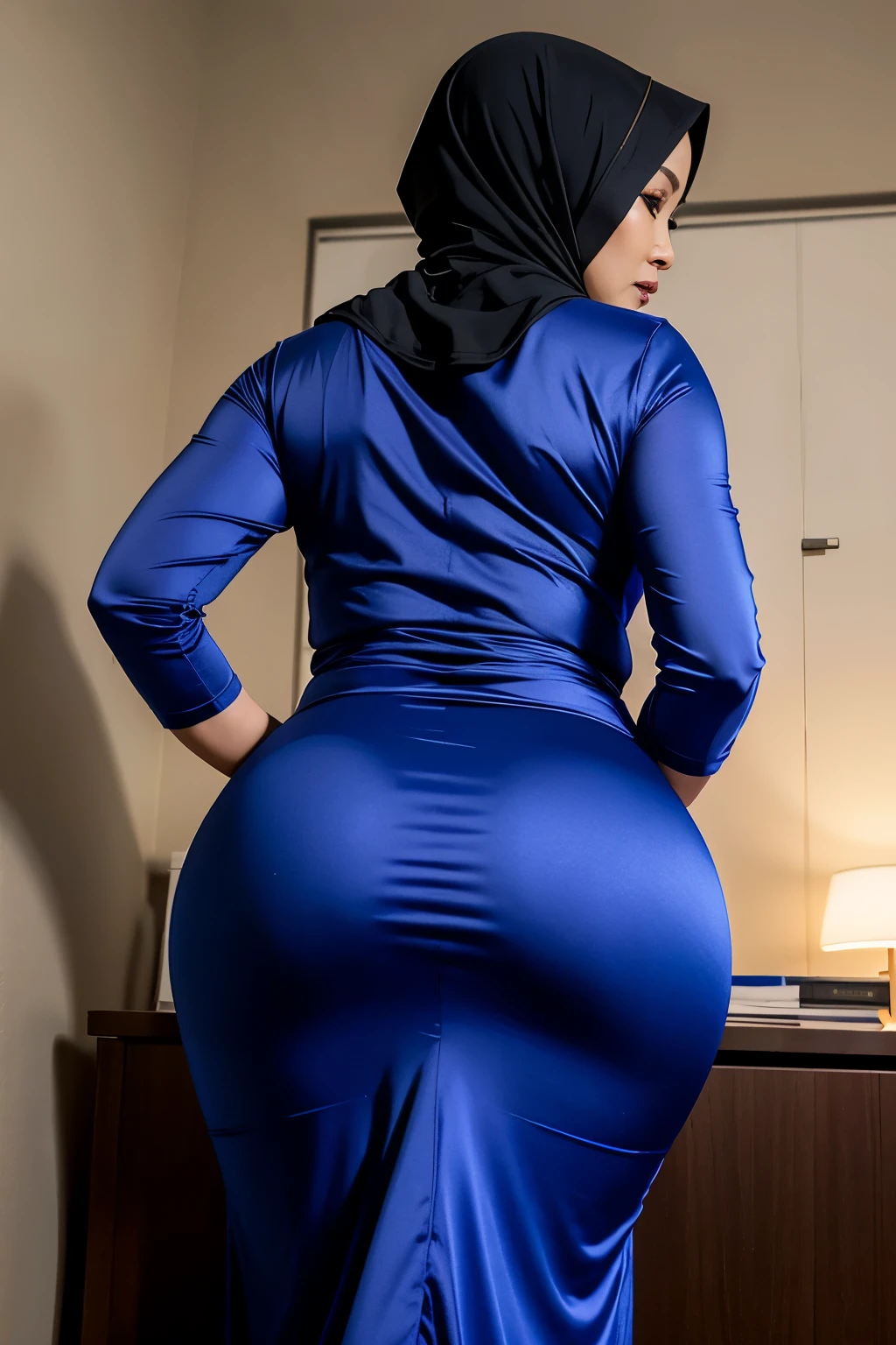 A customary woman wearing a black hijab and black scarf, on her knees, Back view, Big booty, On the knees, thicc, The picture is from the back, The photo is still beyond view, The picture is from the back, The photo was taken from the back, compliment, Cyan background, Thick stuff, Large bows at the back, Back view,