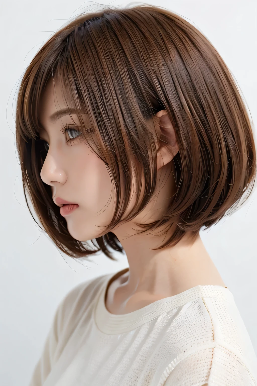 ( best quality、 table top 、8k、16k、 High Quality、Award-winning works)、(( profile:1.4))、、((Cut-and-sew bob hair:1.46)),( brown hair on the abdomen)、(white casual knit:1.2)、(The simplest pure white background:1.3)、(Perfectly fixed in front:1.1),( Portrait with Space:1.2)、Beautiful and exquisite、 Completely-valid、 Ultra-high definition beauty 、 ultra HD hair、Ultra HD Shining Eyes、 super high quality glossy lips、 accurate anatomy、 very beautiful skin 、(Pure white skin shining in ultra-high resolution:1.1)、(Very bright:1.2), big natural color lips、 lip gloss,Harajuku、cute、Cute Beauty