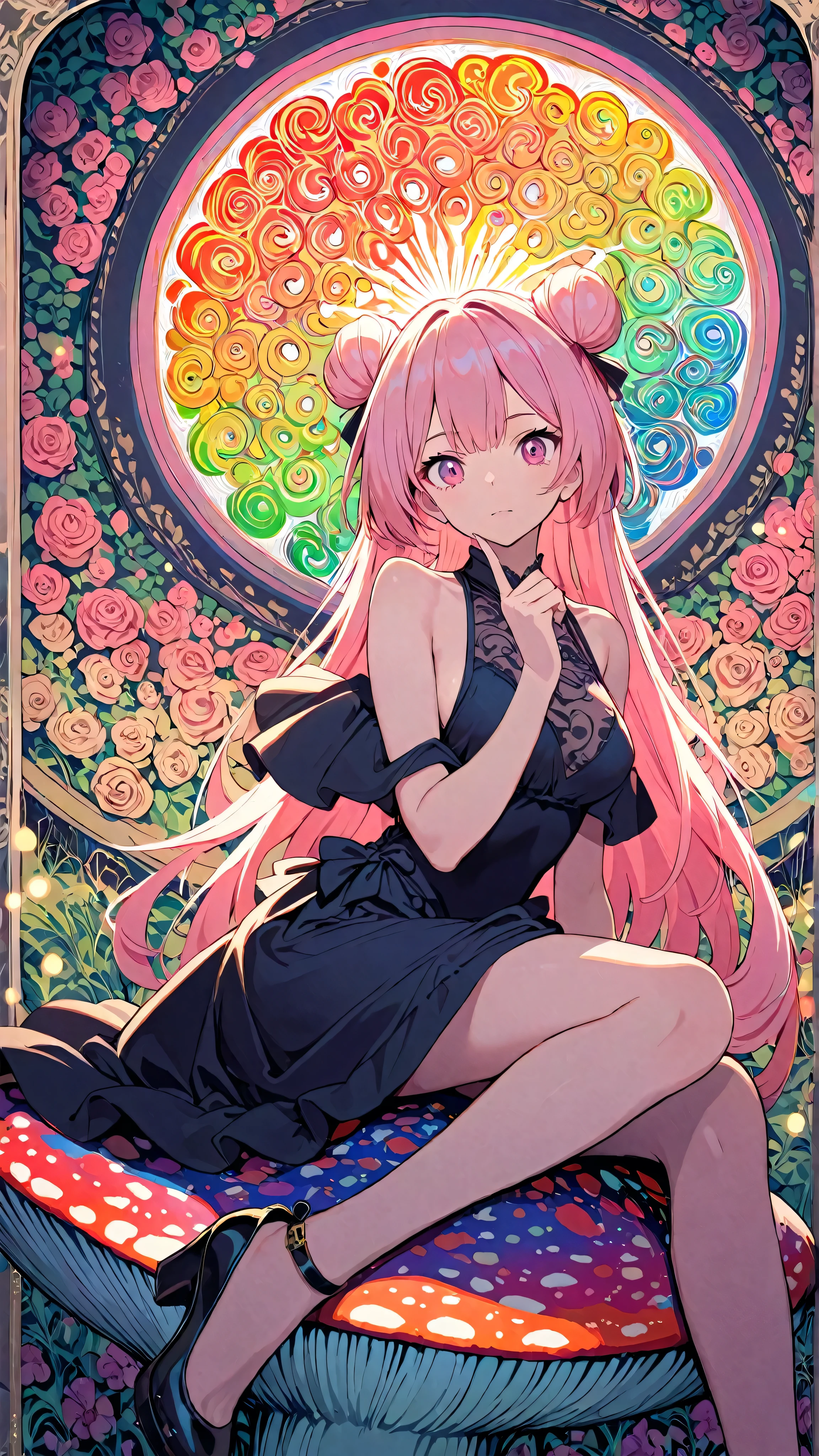 1 asian girl, beautiful 18 year old girl, pink hair in a bun, bare shoulders, sitting on a giant mushroom, elegant, chic, modern, fashionable, muted colors, soft lighting, art nouveau, psychedelic anime style, colorful, trippy, (best quality,4k,8k,highres,masterpiece:1.2), ultra-detailed, ultra-fine painting, sharp focus, vivid colors, bokeh