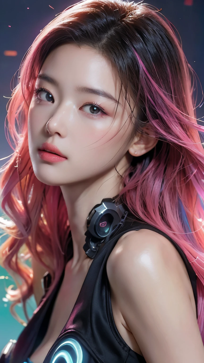 (masterpiece, highest quality, highest quality, Official Art, beautifully, aesthetic:1.2), Portrait Photography, (Cyberpunk fashion beautiful girl 1 person), Big iridescent eyes, Beautiful skin, Expressionlesoderate breast size, (Pink and blue long hair with bangs ), Very detailed,(Neon colored fractal art:1.3), Perfect lighting, Sharp focus, High resolution, High resolution, High color rendering, High resolution, Super realistic,