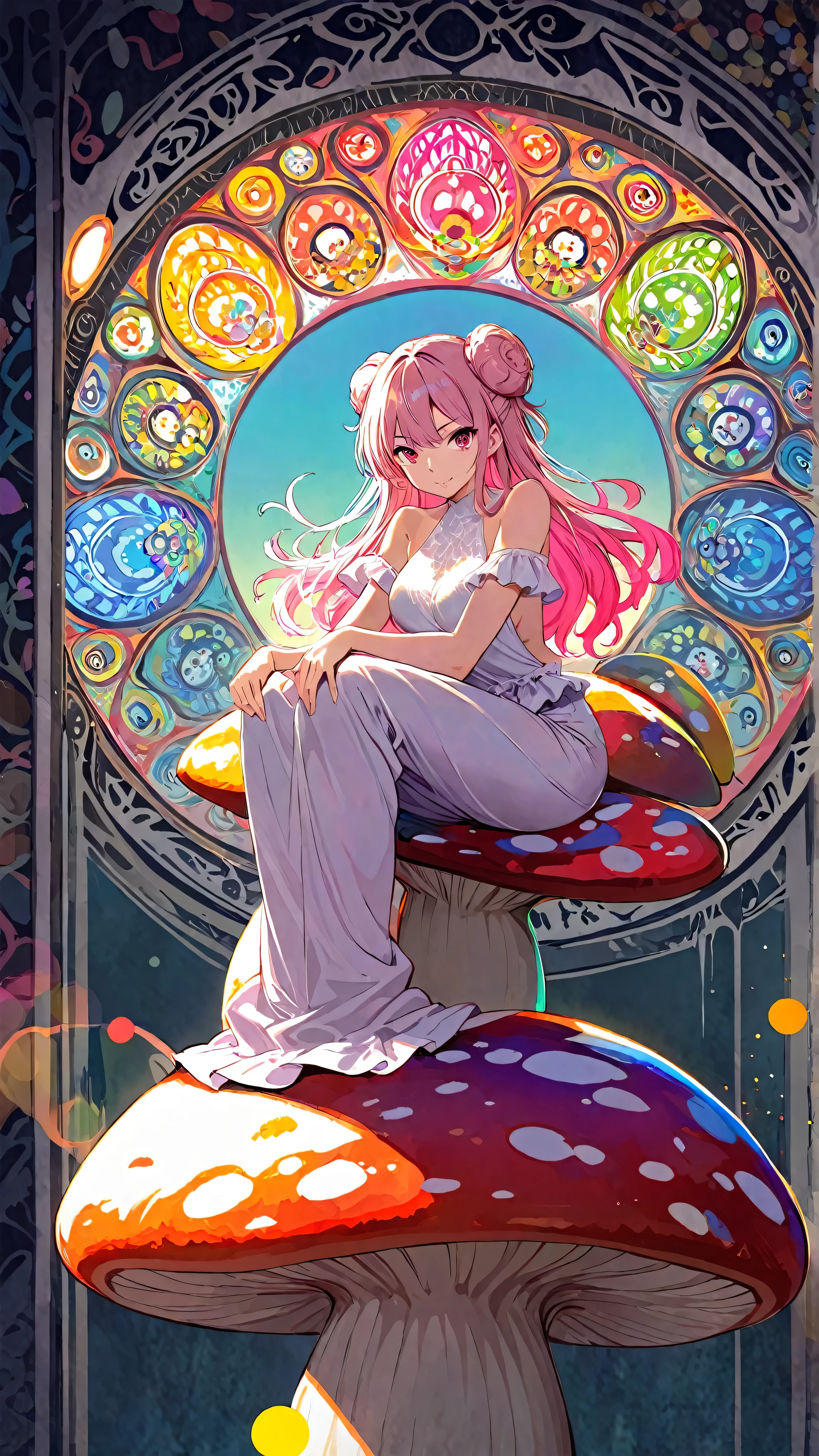 1 asian girl, beautiful 18 year old girl, pink hair in a bun, bare shoulders, sitting on a giant mushroom, elegant, chic, modern, fashionable, muted colors, soft lighting, art nouveau, psychedelic anime style, colorful, trippy, (best quality,4k,8k,highres,masterpiece:1.2), ultra-detailed, ultra-fine painting, sharp focus, vivid colors, bokeh