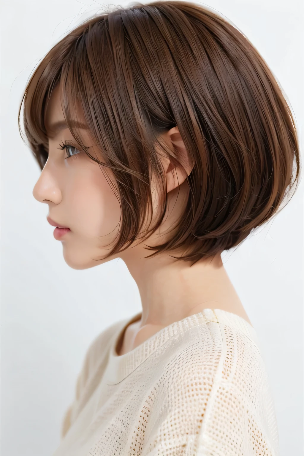 ( best quality、 table top 、8k、16k、 High Quality、Award-winning works)、(( profile:1.4))、、((Cut-and-sew bob hair:1.46)),( brown hair on the abdomen)、(white casual knit:1.2)、(The simplest pure white background:1.3)、(Perfectly fixed in front:1.1),( Portrait with Space:1.2)、Beautiful and exquisite、 Completely-valid、 Ultra-high definition beauty 、 ultra HD hair、Ultra HD Shining Eyes、 super high quality glossy lips、 accurate anatomy、 very beautiful skin 、(Pure white skin shining in ultra-high resolution:1.1)、(Very bright:1.2), big natural color lips、 lip gloss,Harajuku、cute、Cute Beauty