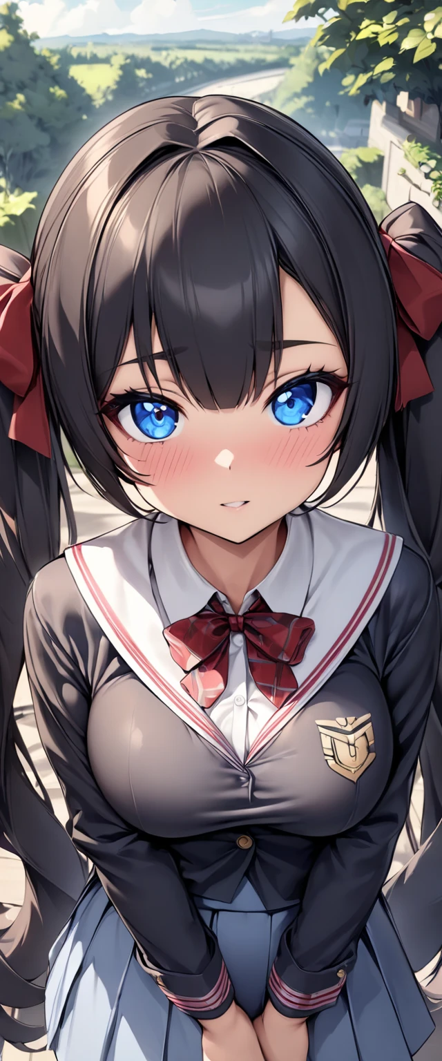 8yo, 1girl, 1man, pov fellatio, long haired, black hair, twintail haired, big boob, school girl, Sailor uniform, Short sleeve, sweat, wet see-through bra, kneeling, (flom above:1.2), (close up face:1.3), upward glance, Watery eye, best quality, masterpiece, suck penis, deep thought,