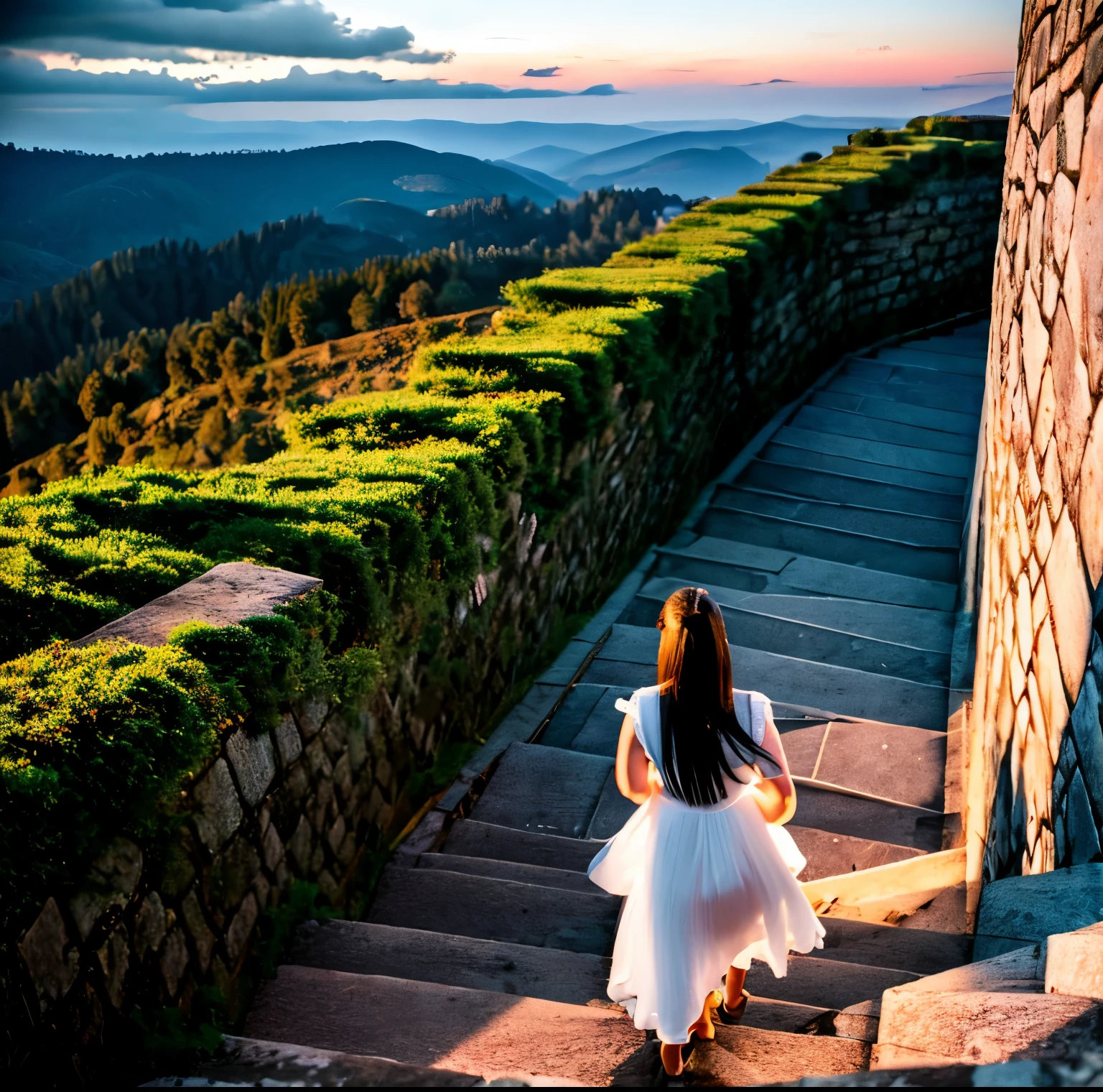 8K quality, Masterpiece, bright artistic dusk lighting, super real , high chroma, Ancient fortified city landscape pictures, forest, High ground, (Back view on stairs :1.3), (Ass:1.2), White clothes