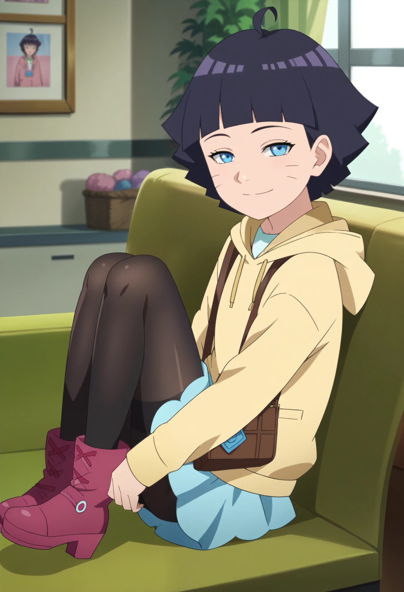 score_9, score_8_up, score_7_up, source_anime,anime screencap,anime coloring,intricate details,masterpiece, uncensored, himawari, 1girl, solo, skirt, bag,bangs, blunt bangs, facial mark, ahoge, blue eyes, whisker markings, hoodie, yellow hoodie, short hair,pink skirt, thighhighs, black hair, long sleeves, pantyhose, pink footwear,black thighhighs,shoes, purple hair, boots,smile, sitting on couch,looking at viewer, half-closed eyes, indoors, solo, scenery, 