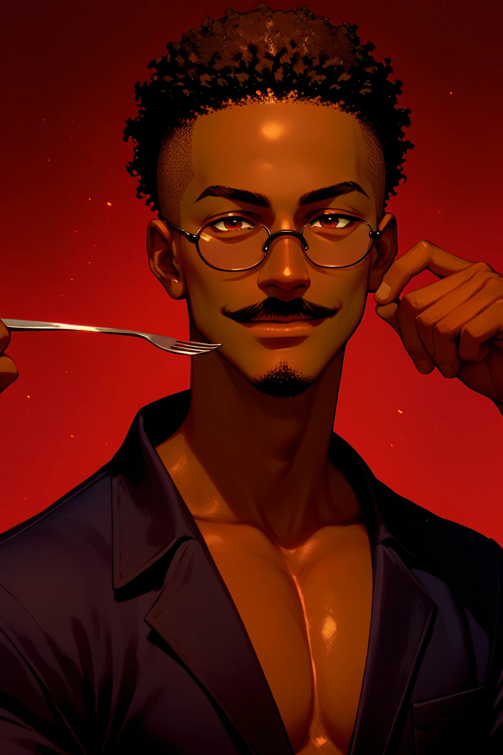 1 black man, afro americano, (shaved hair:1.2), goatee and mustache,dark glasses black lenses , Dark skin,  anime style ,  hold a fork with a skewered steak, smile, half body, detailed, 