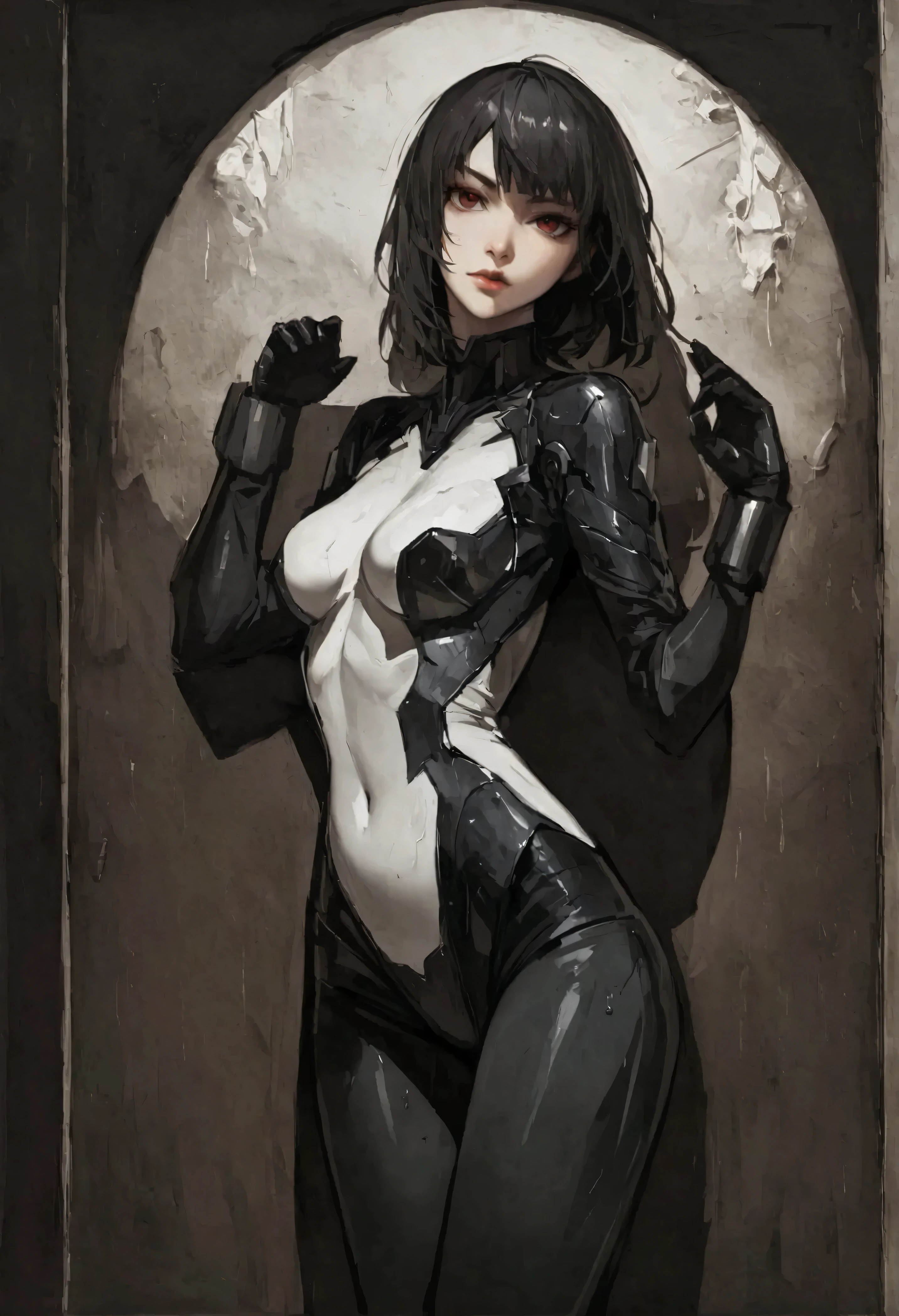 Woman alone, European woman, (((wide hips: 1.5))), 8k, absurd res, ((wide eyes: 1.4)), flawless face, girl with a soft body, (crisp black deco style formal business clothing), 1girl, average body, natural body, ((super wide hips: 1.3)), full body image, 1girls, solo, masterpiece, highly detailed, detailed eyes, expressive detailed eyes, pale skin, wide eyed, detailed pupils, realistic skin , blush, some freckles, realistic skin texture, ((small breasts: 1.3)), blushing, super detailed skin, smooth background, analog style, (chin length hair), ((dark hair: 1.5)), deco cyberpunk setting, (broad fat hips), entire head and body image, ((her entire head and body must be in view)), perfect anatomy, anatomically correct, ((pale skin)),