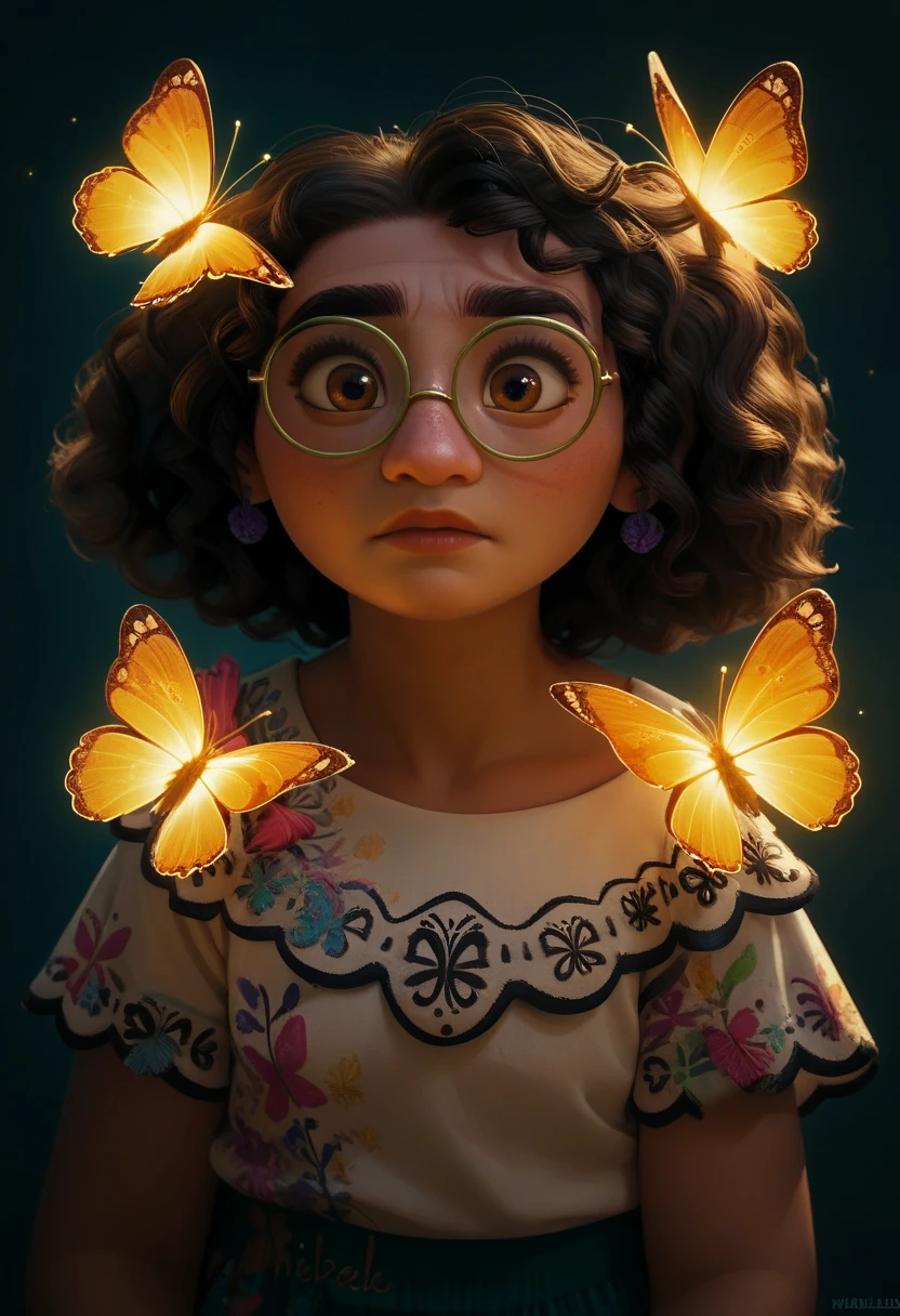 MirabelM, 1girl, Glasses, portrait, glowing golden butterflies
