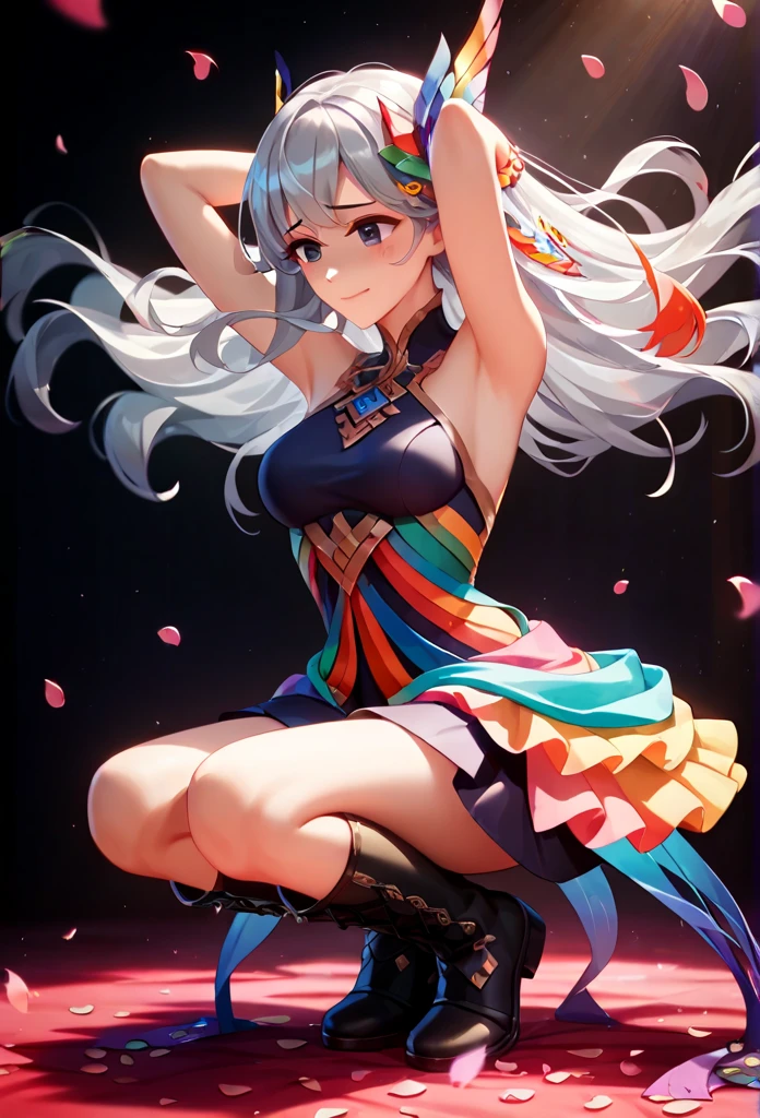 nsfw:1.5,masterpiece, isekai,ideal ratio body proportions, best quality,,  1 girl, medium breasts,curtsey, embarrassed,
 orgasm,
( colorful ),(Beautiful dark eyes and exquisite face , long silver hair,Beautiful hair ornament),Cinematic Lighting,  Highly Detailed CG Unity 8K Wallpaper ,,Alone,smile, Intricate Skirts ,((  flying petals)),(,  black boots, on the bed,  Fantasy ,swallow,fellatio,
squatting,arms behind head