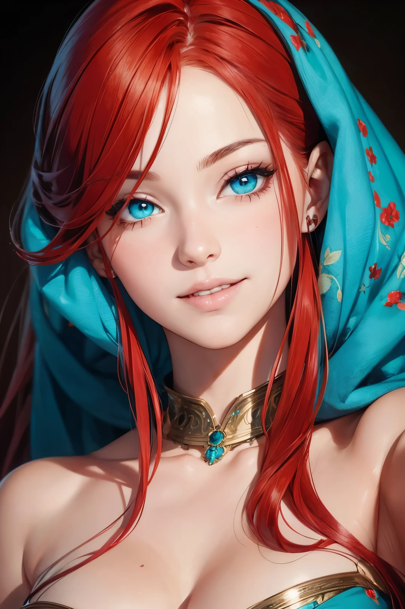 Photorealism, anime girl, vampire, with red hair, red dress, blue eyes, glowing, flowerpunk, samuraipunk, iridescent, bioluminescent, tattoopunk, hyper - detailed vibrant cinematic raking light, stunning, subsurface scattering, ambient occlusion, chromatic aberration, 8k