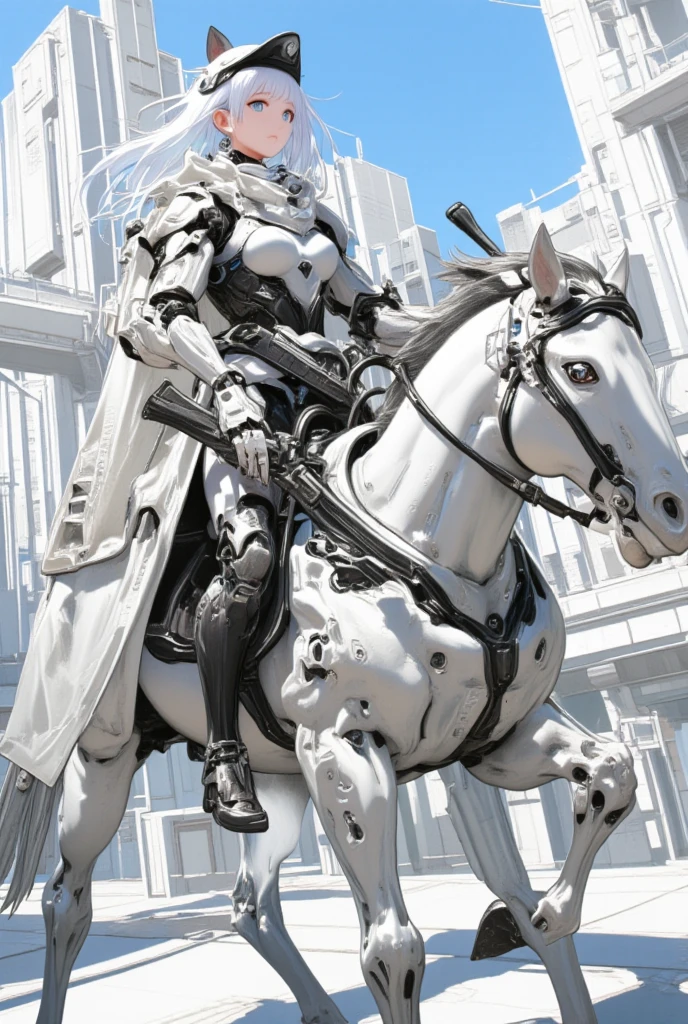 a semi robotic female knight riding a white mechanical horse with flowing long hair and holding a handgun is a future police officer,white future technology style,