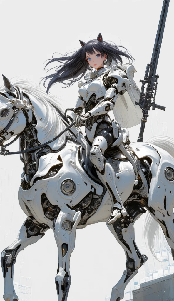 a semi robotic female knight riding a white mechanical horse with flowing long hair and holding a handgun is a future police officer,white future technology style,