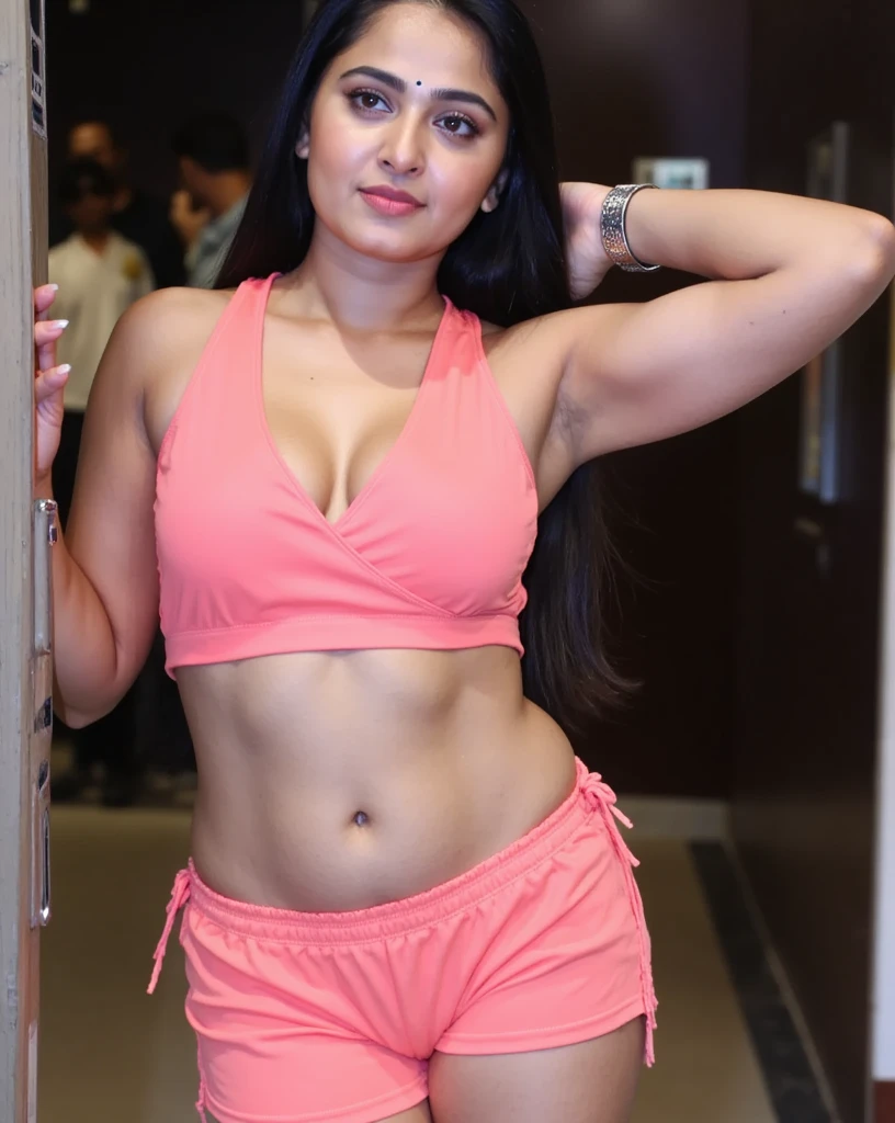 An indian Instagram model, wearing a orange pink shorts, d size,alluring pose, in a light background, rim light, key lights, smoke, giving lusty smile,