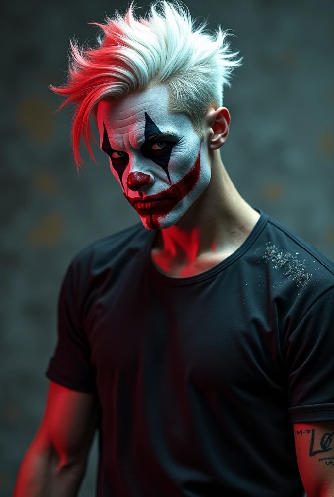 Man with Mohawk hairstyle with full face white paint + black Gothic makeup 