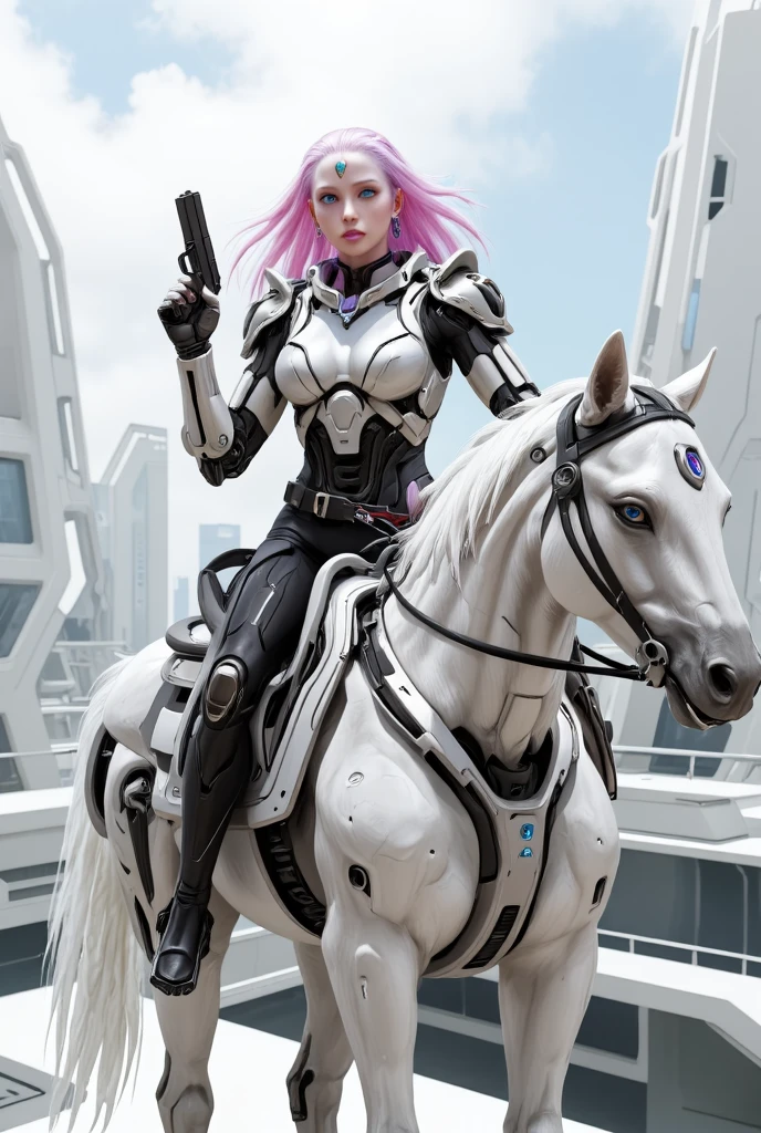 a semi robotic female knight riding a white mechanical horse with flowing long hair and holding a handgun is a future police officer,white future technology style,