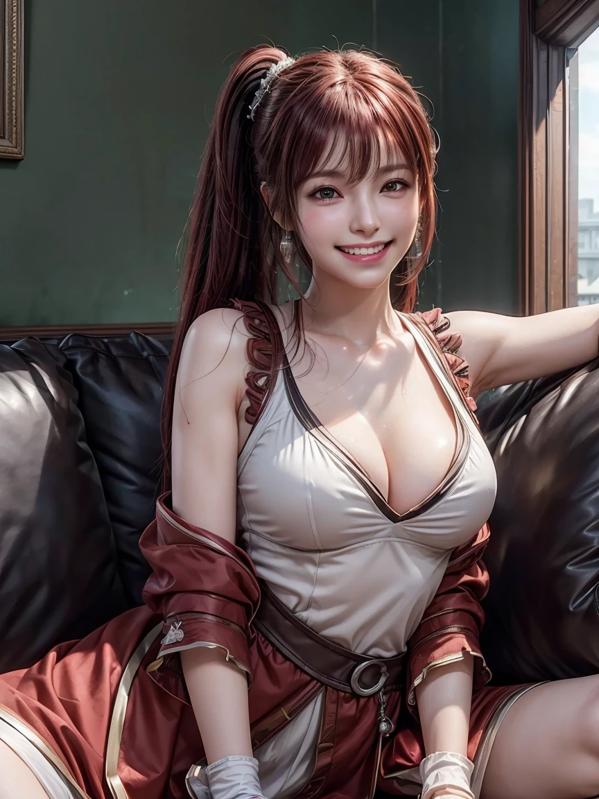  Extremely Detailed CG Unity 8K Wallpaper, Beautiful paintings, (( dark red hair 、 Left Side Ponytail )), (( close your eyes and laugh:1. 4)), ( smiles like they're teasing:1.4), ((Image Processing Algorithms:1.5)),  high pixel density in front of the copier、 beautiful and exquisite eyes 、 best quality, Ultra-clear illustrations、 high contrast 、Color tone correction、 Super Realistic Oily Skin and Gloss Skin, Detailed fabric texture,  physically-based rendering 、 RETINA、 ray tracing ,   RAW photo, Natural Frontal Light 、Accurate Fingers,   Anatomically Accurate , 
break、
(( upper body lying on sofa:1.2)), ((RPG protagonist:1.3))、