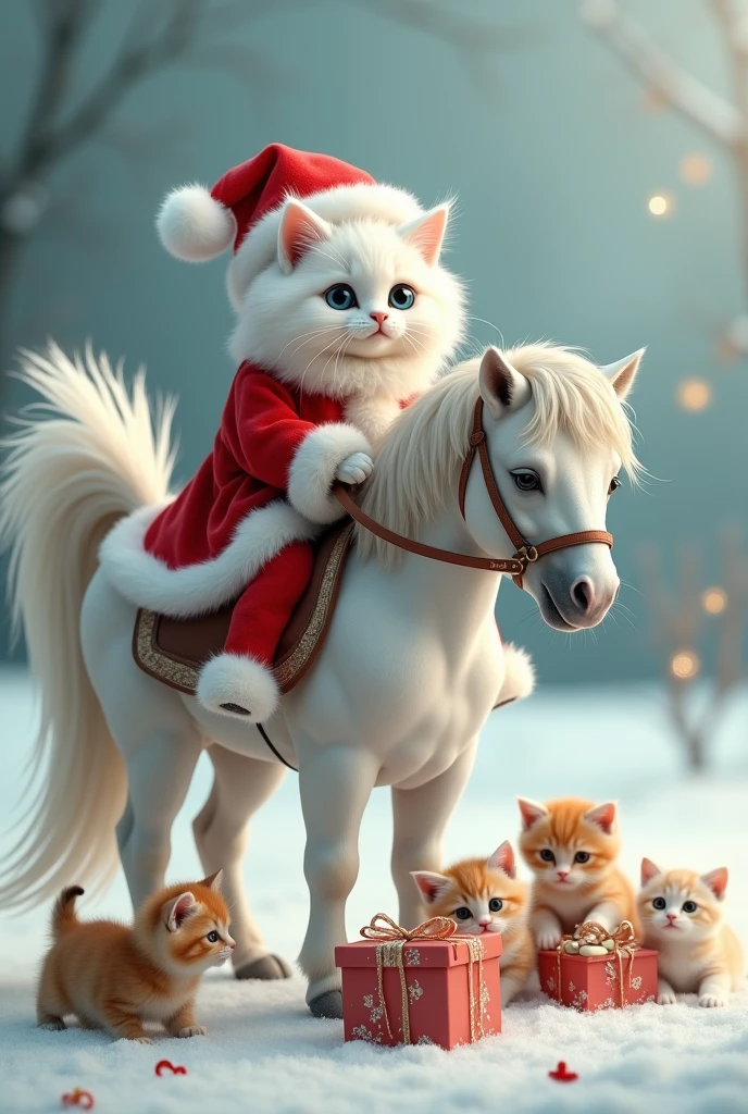 White fluffy cat dressed as Santa Claus sits on a white gray horse and ...