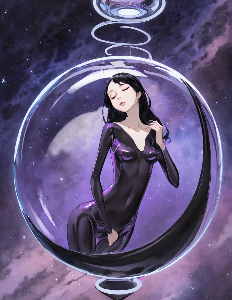 Thin anorexic woman, pale, long neck, long black hair, large breasts, hour glass frame.wears a purple v neck bodysuit, she is on a space ship. She is inside a stasis glass tube. She is asleep with her eyes closed