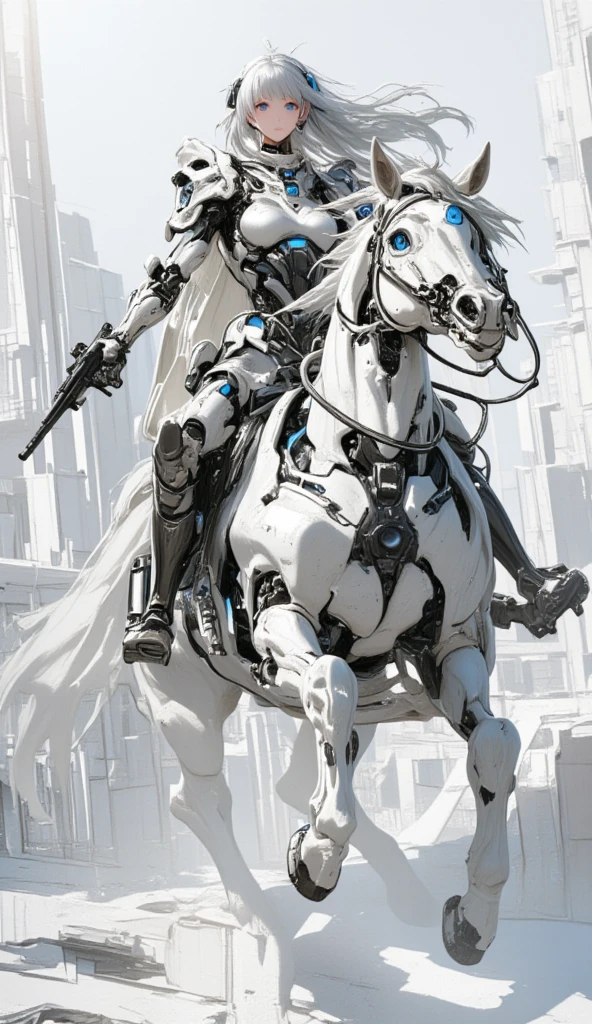 a semi robotic female knight riding a white mechanical horse with flowing long hair and holding a handgun is a future police officer,white future technology style,