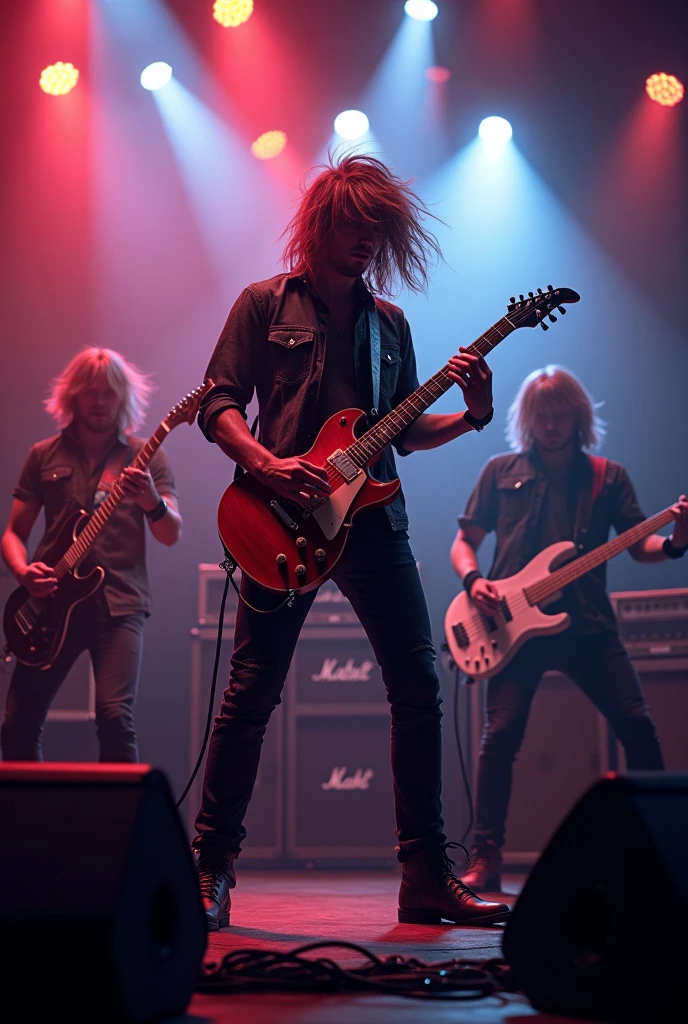 Rock band , with electric guitar and on stage