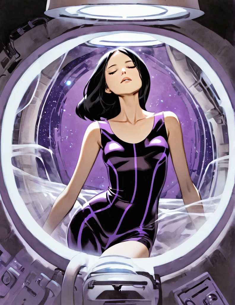 Thin anorexic woman, pale, long neck, long black hair, large breasts, hour glass frame.wears a purple v neck bodysuit, she is on a space ship. She is inside a stasis  tube. She is asleep with her eyes closed