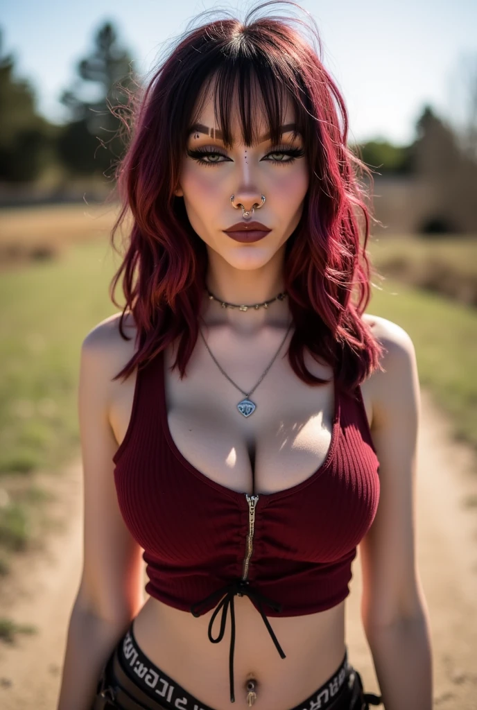 kat, goth girl, egirl, slut, slutty, 1girl, solo, jewelry, necklace, navel, breasts, midriff, realistic, outdoors, belt, selfie, maroon crop top
The image is a high-resolution photograph of a young woman standing outdoors on a sunny day. She has a light skin tone and long, voluminous hair with auburn roots and dark brown ends, styled in a messy, tousled look with bangs. She has prominent facial features, including a septum piercing, a nose ring, and a lip ring. Her makeup is bold, featuring dark eyeliner and mascara, and she has a subtle highlight on her cheeks.