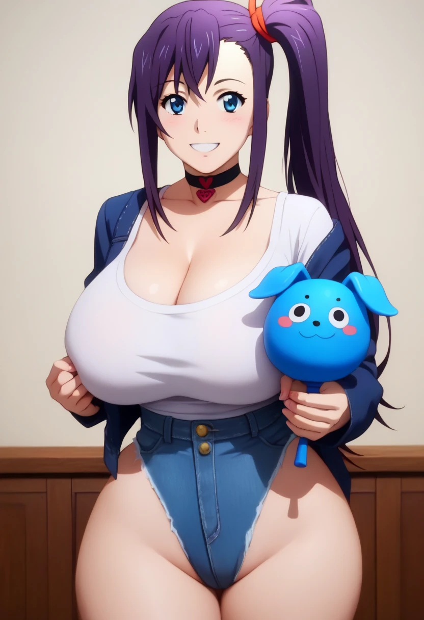 ((black stockings, denim, wide hips, high leg, huge breasts, cowboy waist, horny),((high leg, fat thighs: 1.5)), (big breasts: 1.3), choker on neck, smiling, ((blushing with excitement)), vulgar smile, Amaya Haruko, alone, long hair, side ponytail, purple hair, blue eyes,1girl, 1boy,female holding miniature person (two-handed),