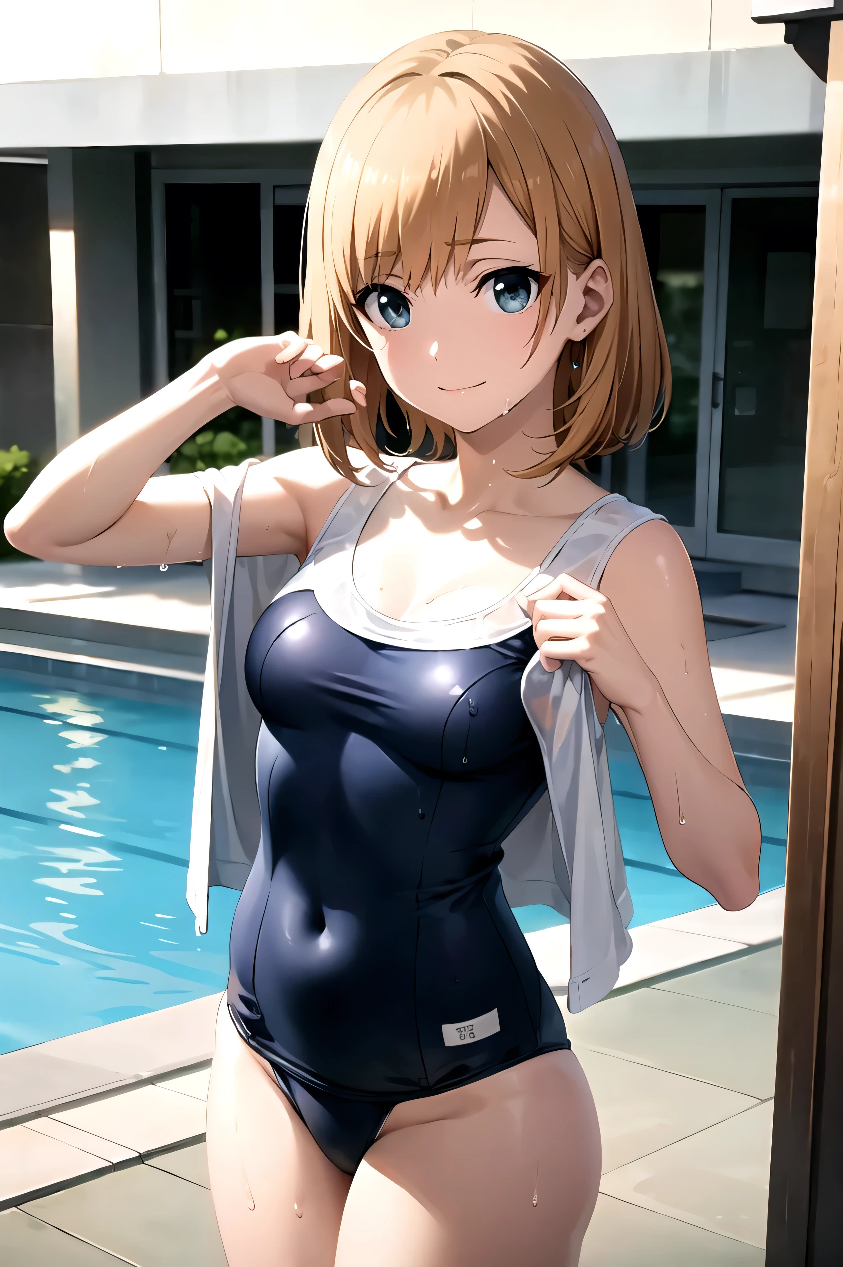 (cowboy shot), Aoi Miyamori, (School swimsuit:1.5), (super high cut school swimsuit:1.3), (wet:1.3), (smile), ( small breasts:1.1), ( small nipples), ( cleavage), (blush:1.1), ( is shy :1.1), (Red cheeks:1.2), (Enchanted:1.2), (Pool:1.2),  score_9,  score_8_superior,  score_7_superior, sauce_anime, (best quality1.2),  Detailed Anime , masterpiece, High quality, full color, 8k,  high definition, Realistic, In detail,  fine texture,  high contrast,  white skin, natural makeup,Front light, nsfw