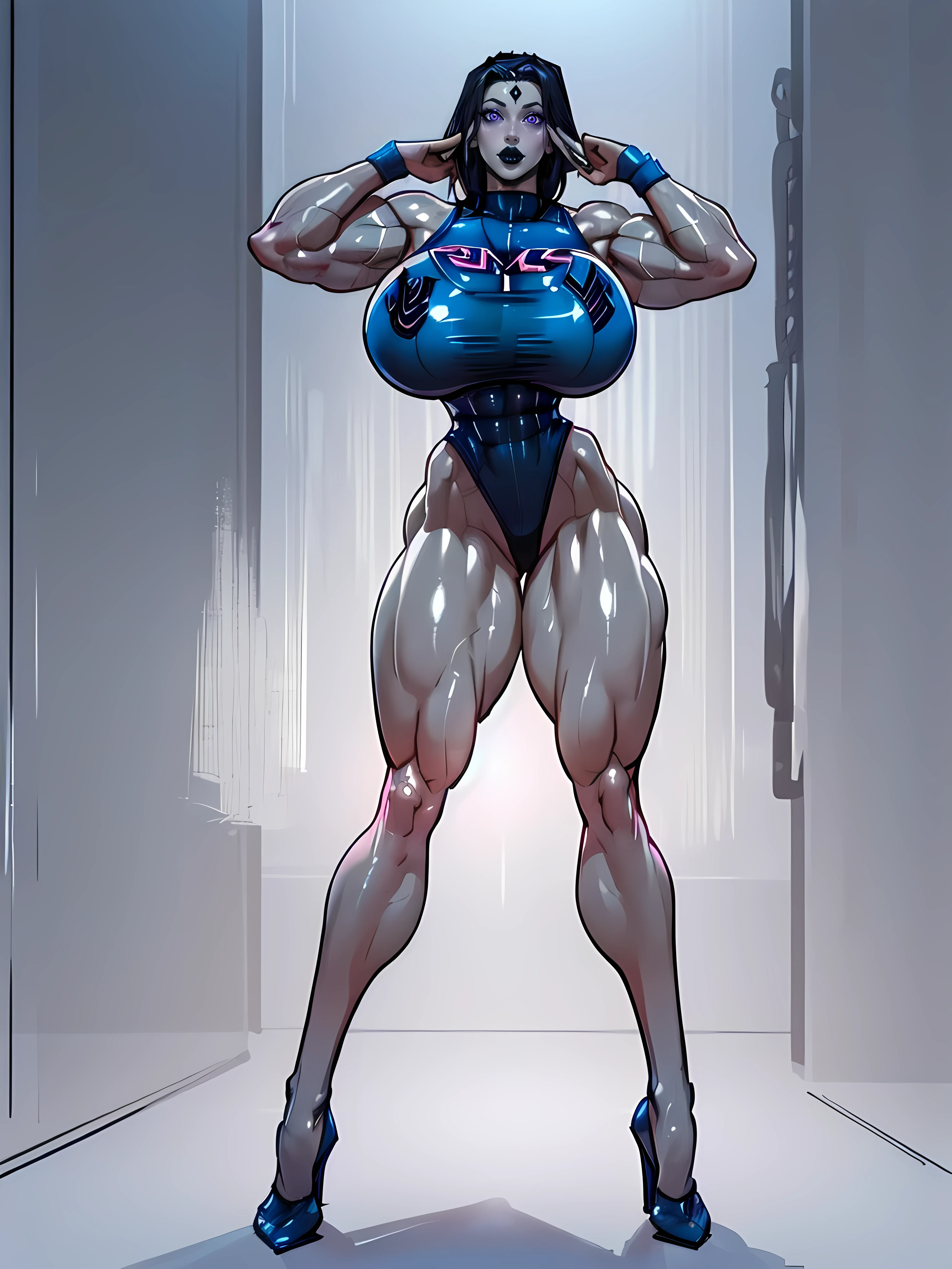 ((FULL BODY)),1girl,solo,RavenTT, ((Erotic Pose:1.5)), ((Erotic Translucent Attire)), ((Tall)), Long Legs,grey skin,(curvy),((wide hips)), ((huge breasts:1.7)), ((MASSIVE FEMALE BODYBUILDER:1.7))