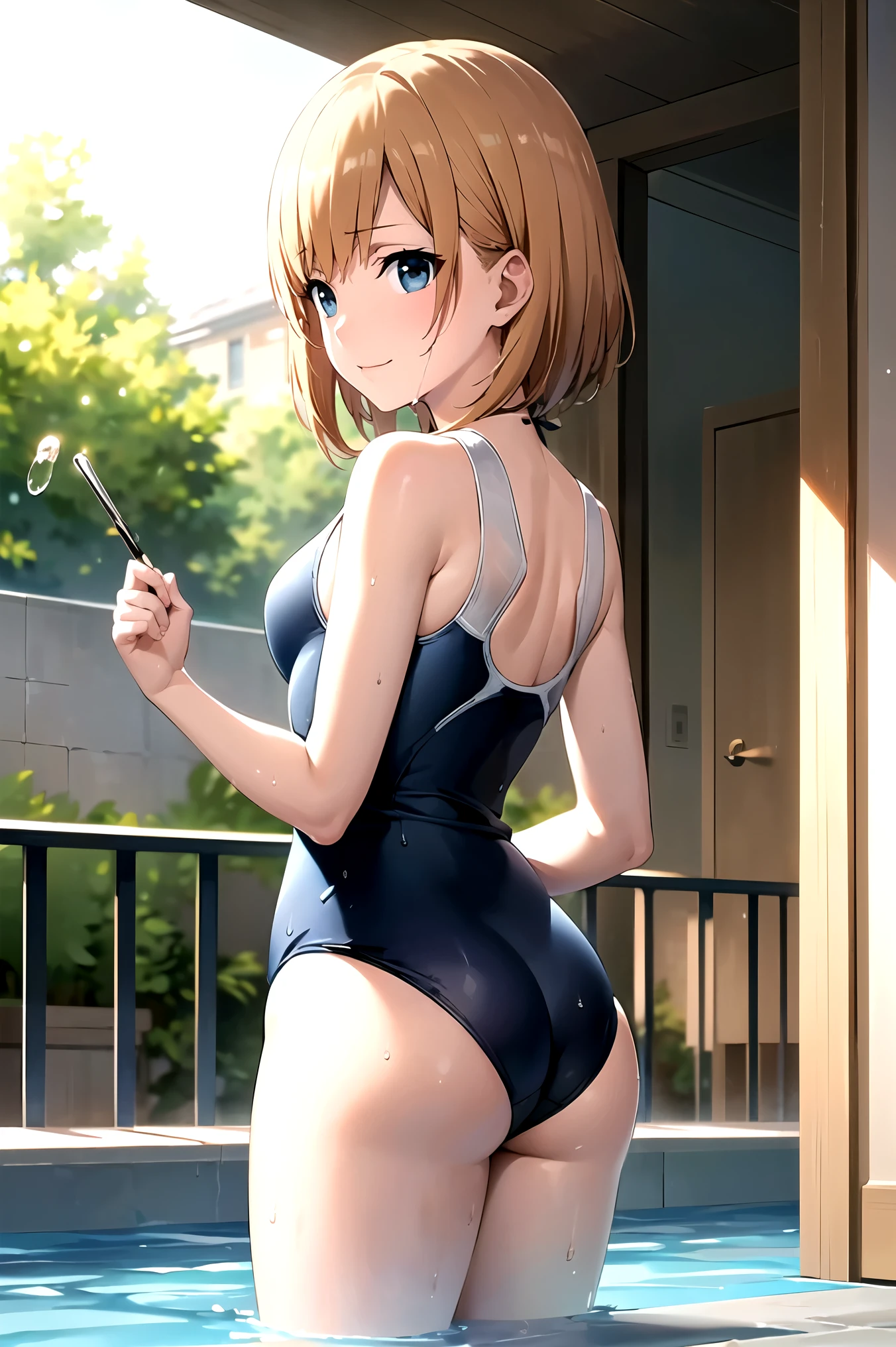 (cowboy shot), Aoi Miyamori, (look back), (from back), (School swimsuit:1.5), (super high cut school swimsuit:1.3), (wet:1.3), (smile), ( smaller breasts:1.1), (Small Ass), ( cleavage), (blush:1.1), ( embarrassed :1.1), (Red cheeks:1.2), ( is fascinated:1.2), (Pool:1.2),  score_9,  score_8_superior,  score_7_superior, sauce_anime, (best quality1.2), 細部までこだわったanime, masterpiece,  high quality, full color, 8k,  high definition , In detail,  fine texture,  high contrast ,  white skin,  natural makeup,Front light, nsfw