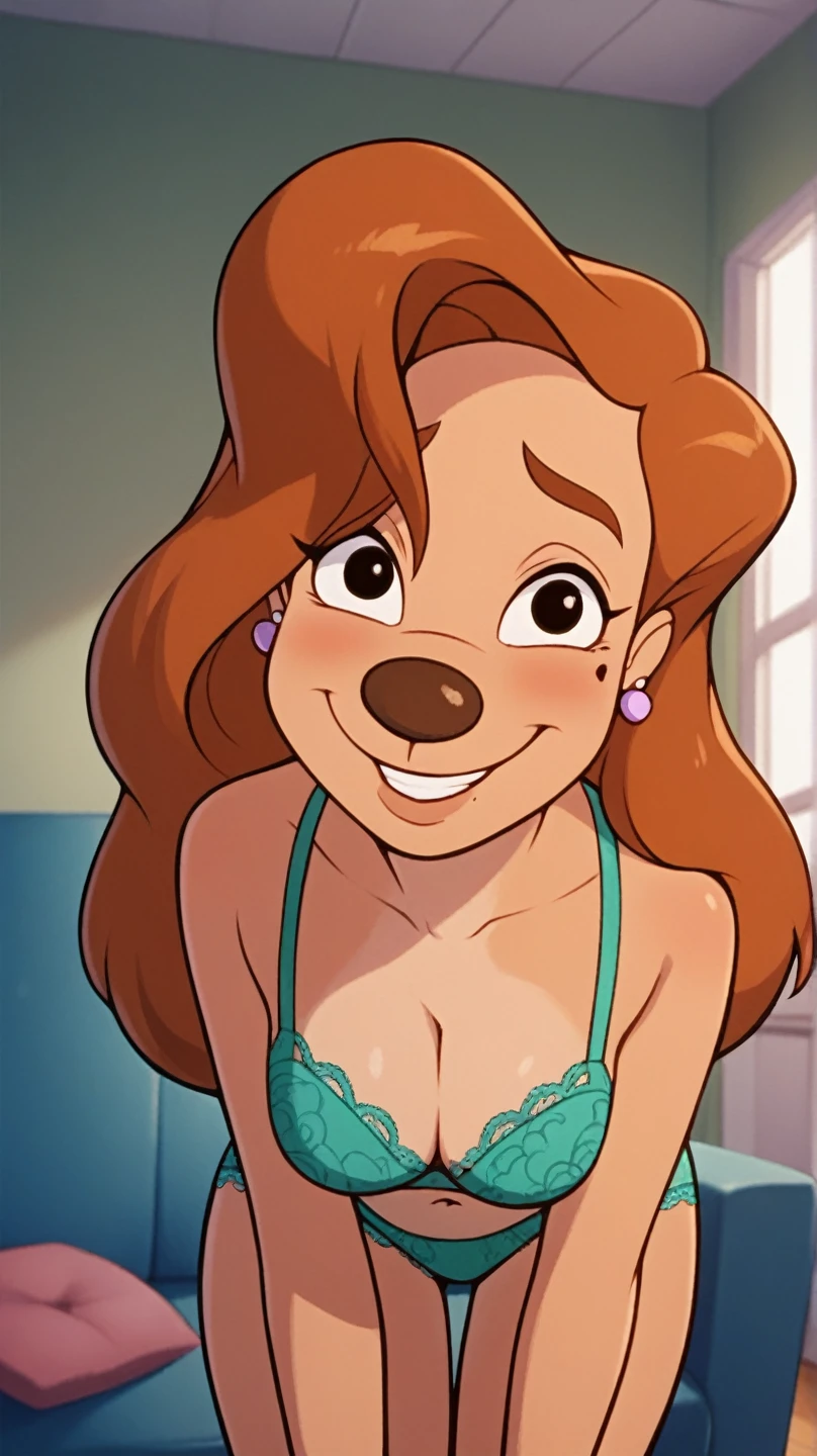 roxanne, 1girl, brown hair, long hair, solo, earrings, black eyes, ((green lace underwear)), smile, furry female,, score_9, score_8_up, score_7_up, score_6_up, score_5_up, score_4_up, looking at viewer, room, sofa, bending over on the sofa, shy,