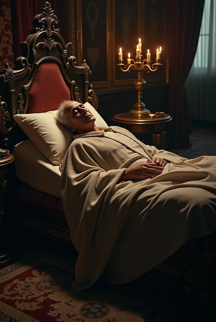 illustrates a 50 year old king sleeping naked in his bed (in the camera spotlight from above)