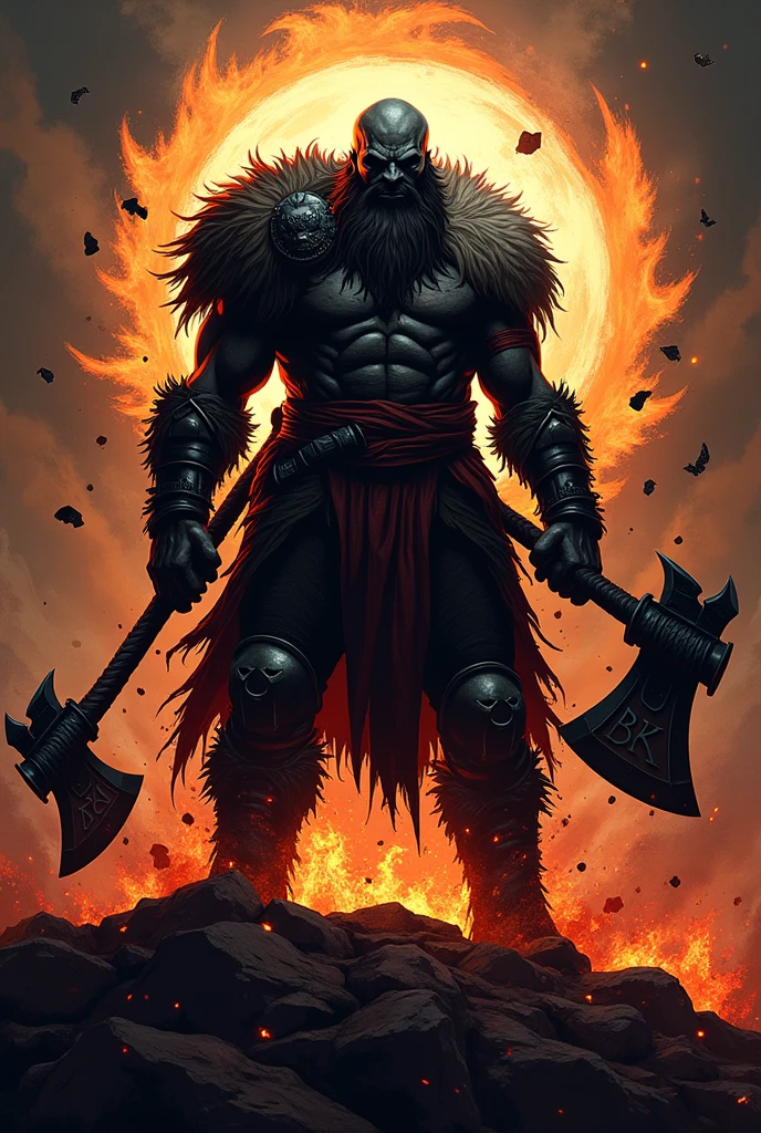 macabre style Amidst a fiery inferno, the mighty warrior Beowulf - hardened veteran of battles unnumbered—finds reprieve. Scarred by numerous conflicts yet stronger for them, thin lean and toned physic, the warrior pauses by a babbling brook, taking advantage of the temporary respite afforded by the conflagration. Smoldering ash falls lightly around them like grey snowflakes, catching the orange glow of the consuming fire. Muscles tense and aler. Surrounded by dancing flames, the scene crackles with primal energy, a fitting backdrop for a creature of such immense power and tenacity. . dark, gothic, grim, haunting, highly detailed,