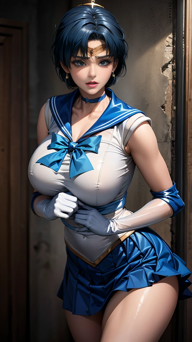  best quality，masterpiece， ultra high resolution,  very detailed, 8k，(beautiful woman)，1 person，, ( sailor mercury ), ( face details,   bright blue eyes  , beautiful Face, beautiful Eyes, Sparkling Eyes, thin lips, thin, sharp, thin眉毛, length, Black eyelashes, length and thick lower eyelashes,  double eyelids), Fluffy blue hair, (( blue sailor color, A very tight and shiny uniform)), ((length white latex gloves,beautiful female hand in white latex gloves)),Shiny blue latex knee-high boots,  high heels, blue choker、Blue gloves on elbows, (( shiny blue skirt )), Blue Collar, Gold Tiara, earrings for a woman alone)),Fine gold jewelry,  skinny,  Big Breasts ,   is tied behind and in perfect proportions ,  thin waist,  Can See My Pores , beautiful,   Shiny Dark Blue Hair ,   perfect hand,  tight-fitting high-gloss holographic leather hung on a cross,Octane rendering, cross，cross，execution，incontinence，[Frightened，torture， slave，crossにcrossにされた女性,cross刑:1.5