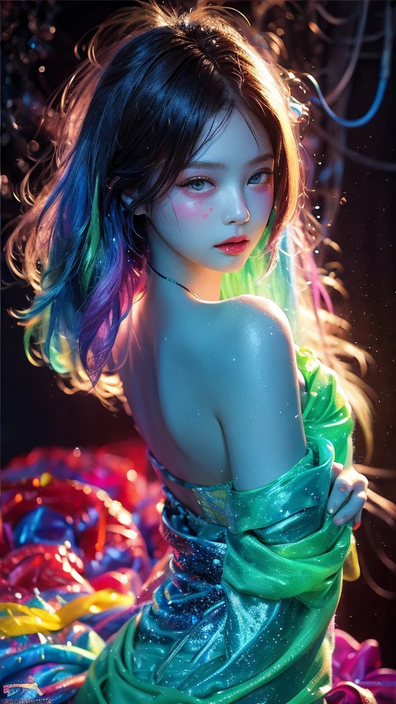 Sexy kimono v-neck Japanese girl biting a rose、(Fluorescent Color:1.4)、(translucent:1.4)、(Retro filter:1.4)、(fantasy:1.4)、Candy world Disneyland Fantasy fluffy soft scenery forest snow avatar Pastel pink sky green blue glow Dreamy light Pastel soft glow Rainbow stars Diamond glitter Gemstone background Ultra realistic ultra high quality movie lighting Huge details Full HD Full light、