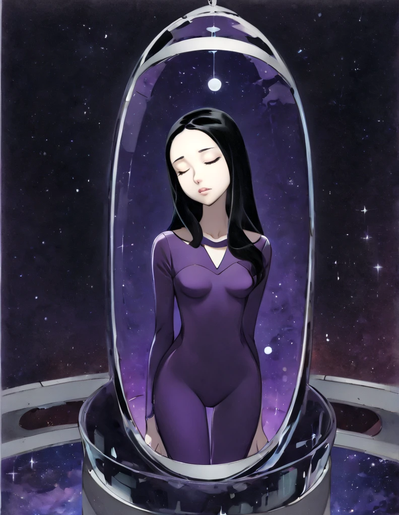 Thin anorexic woman, pale, long neck, long black hair, large breasts, hour glass frame.wears a purple v neck bodysuit, she is on a space ship. She is inside a stasis glass tube. She is asleep with her eyes closed