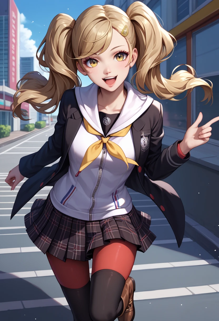 score_9_up, score_8_up, score_7_up,score_6_up, score_5_up, score_4_up , 1girl, solo, kujikawadef, twintails, yasogami school uniform, black serafuku, yellow neckerchief, long black sleeves, black skirt, houndstooth, black thighhighs, defAnn, twintails, hairclip, school uniform, black jacket, open jacket, white hoodie, plaid skirt, red pantyhose, brown boots, happy, cowboy shot, city background