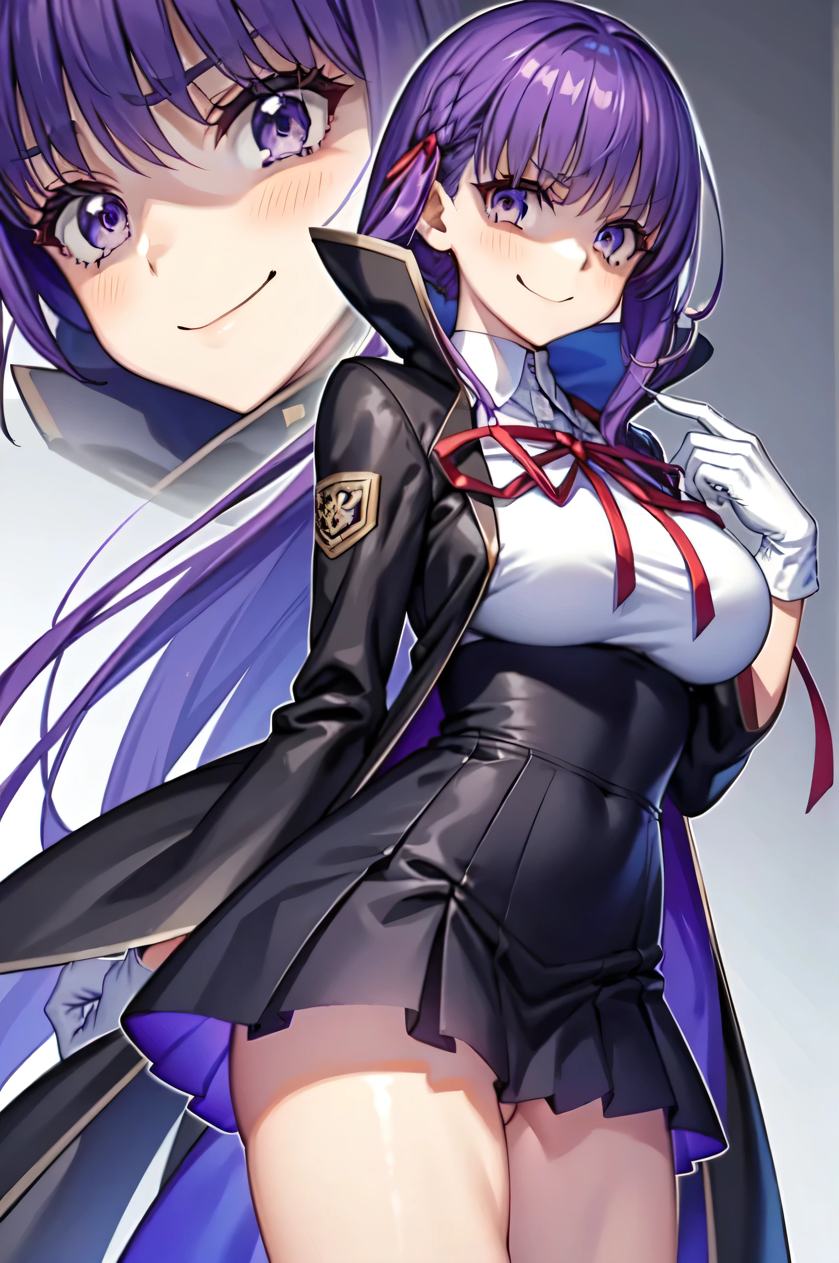  Isoscale, Mid Shot,  night, ,,, Purple Hair, Black jacket, , Red ribbon, Big Breasts, Purple eyes, White gloves, Long Hair, Large collar, evil Smile,,,(evil Smile:1.3),Highly detailed CG Unity 8K wallpapers, Perfect lighting,,Looking down at the viewer,,Anxious smile,Black and purple world background,deep shaded face(eyes in shadow),solo,Yandere,,look down,looking down at viewer, ,,from below,close up,Dark Side、),((masterpiece,best quality)), 