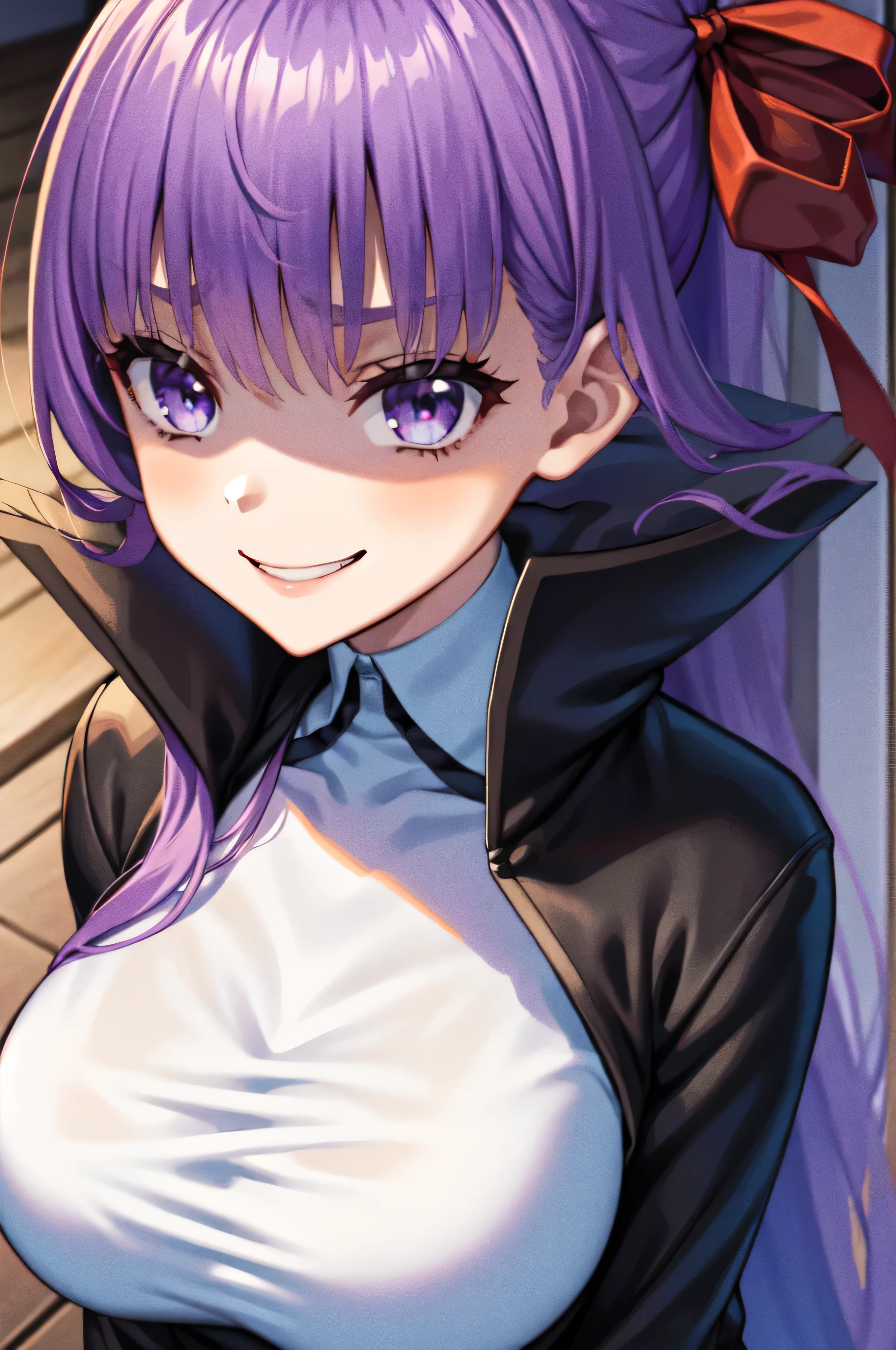  Isoscale, Mid Shot,  night, ,,, Purple Hair, Black jacket, , Red ribbon, Big Breasts, Purple eyes, White gloves, Long Hair, Large collar, evil Smile,,,(evil Smile:1.3),Highly detailed CG Unity 8K wallpapers, Perfect lighting,,Looking down at the viewer,,Anxious smile,Black and purple world background,deep shaded face(eyes in shadow),solo,Yandere,,look down,looking down at viewer, ,,from below,close up,Dark Side、),((masterpiece,best quality)), 