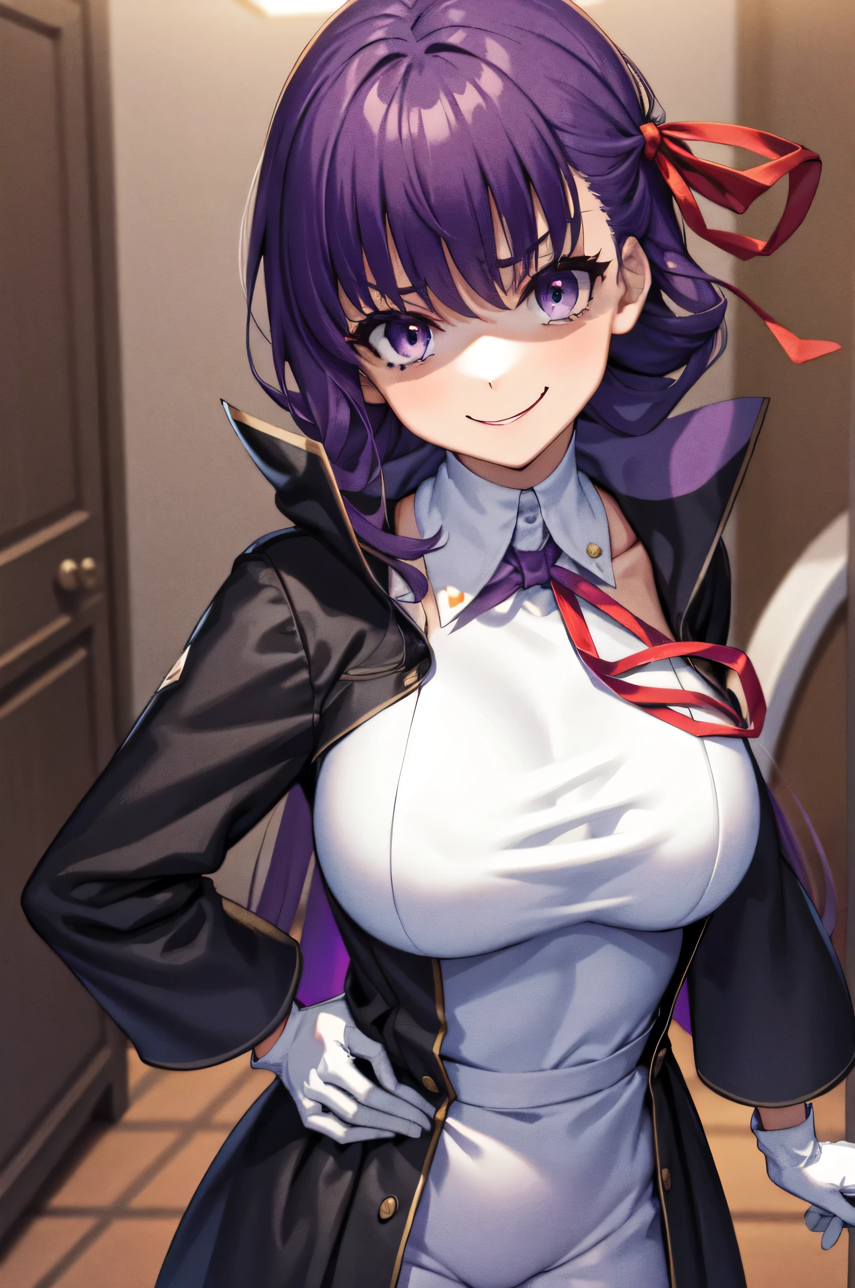  Isoscale, Mid Shot,  night, ,,, Purple Hair, Black jacket, , Red ribbon, Big Breasts, Purple eyes, White gloves, Long Hair, Large collar, evil Smile,,,(evil Smile:1.3),Highly detailed CG Unity 8K wallpapers, Perfect lighting,,Looking down at the viewer,,Anxious smile,Black and purple world background,deep shaded face(eyes in shadow),solo,Yandere,,look down,looking down at viewer, ,,from below,close up,Dark Side、),((masterpiece,best quality)), 