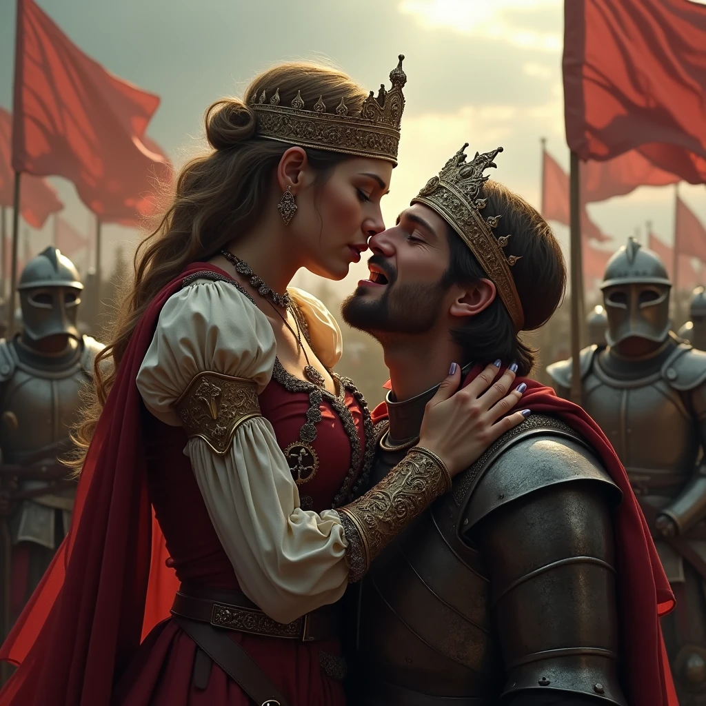 Arafed woman in a red dress with a crown on her head, Directed by: Alexander Kucharsky, princesa medieval, lovely languid princess, rainha bonita, usando coroa, ((uma bela imperatriz fantasia)), por Altoon Sultan, com uma coroa, mulher real, Coroado, usando uma coroa, Magali Villeneuve», diadem on the head, retrato real