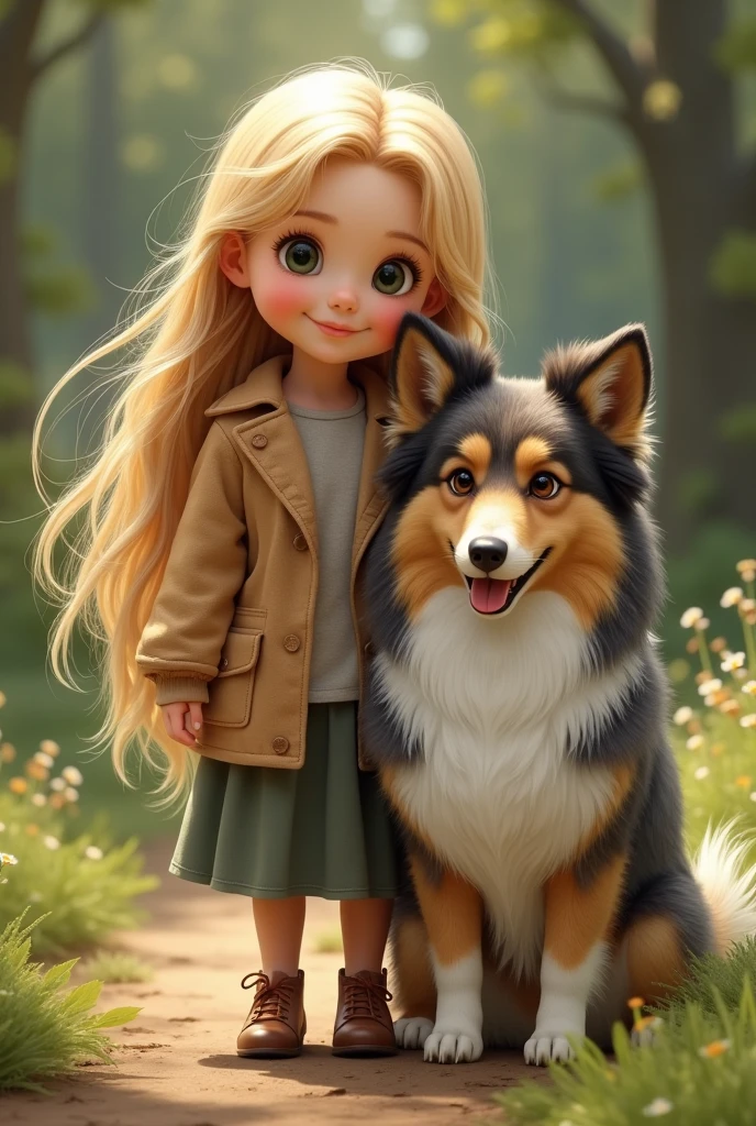 Little blonde girl with long hair and her dog Shetland gray beige and black 