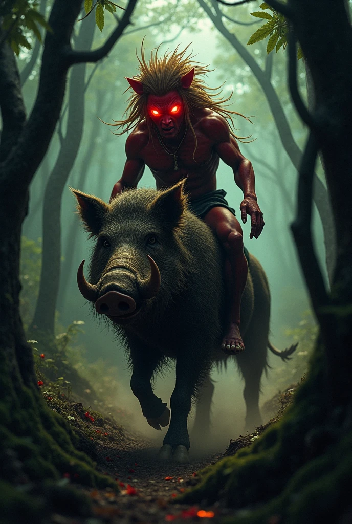 Curupira on top of a wild boar
