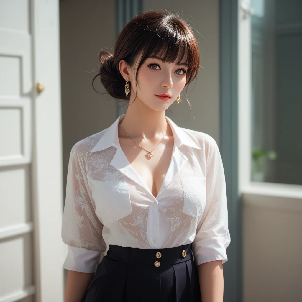(Only 1 person)、 full body portrait、Japanese office girl、Sexual charm、High heels、black、Outstanding body、Blouse with a fluttering chest、Professional portrait photography、Beautiful legs、Full body photo、Ultra mini skirt、office Street、Short bob with slightly long bangs、Large Breasts、Too much exposed skin、Her blouse is transparent and her bra is visible、Pose of sitting on a chair and crossing legs