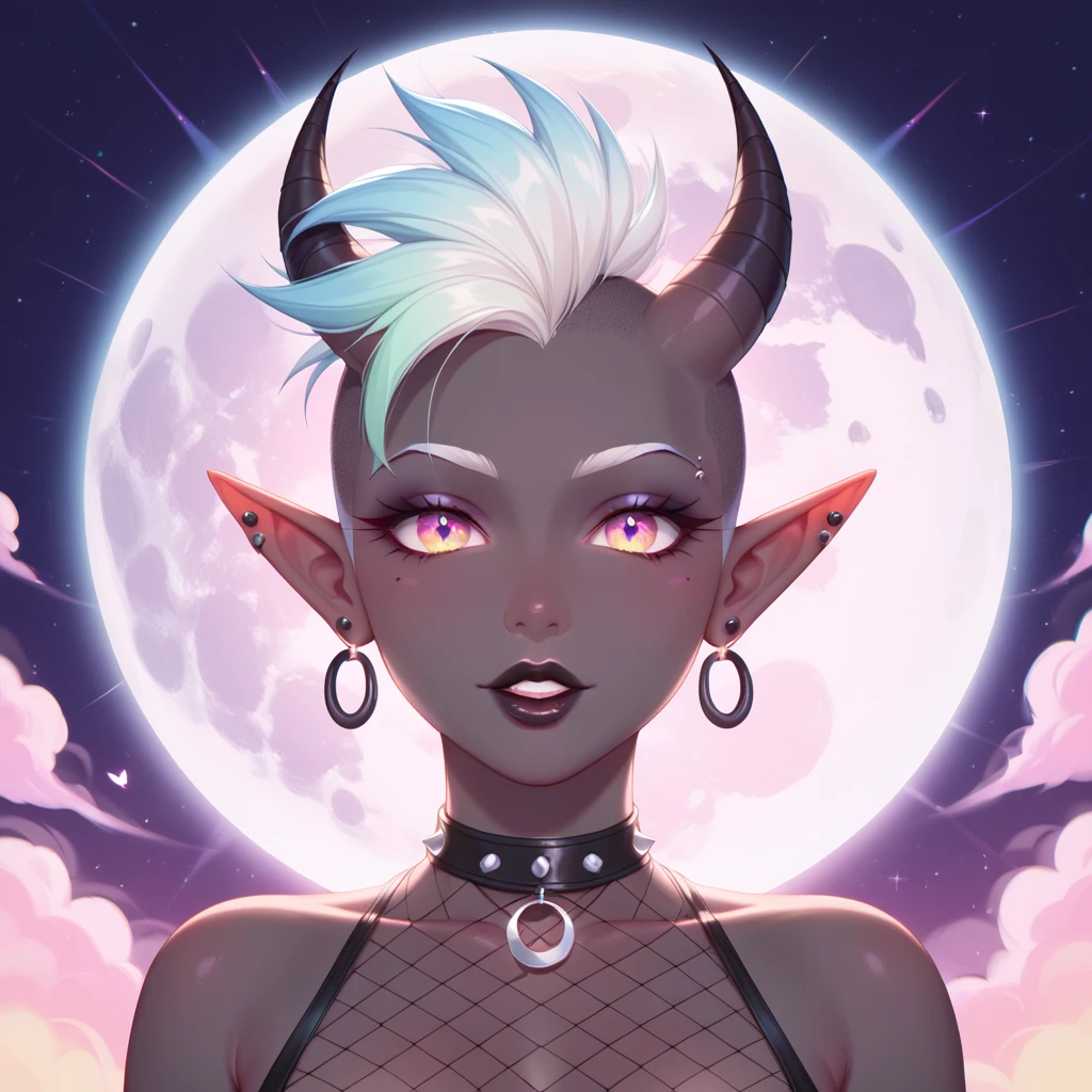 score_9, score_8_up, score_7_up, ((Masterpiece)), ((highres)), ((1person, 1girl, 1female)), Random poses, beautifully detailed succubus girl, ((pastel moon background)), white mohawk w/ponytail, defined elf ears with ear guages, defined eyes, pastel iris, long eye lashes, defined nose, black lipstick, curvy, fishnet, (((Black skin))), black demon horns, breasts, night sky, pastel gothic style, gothic style art, gothic asthetic, (((Johnny Test art style)))
