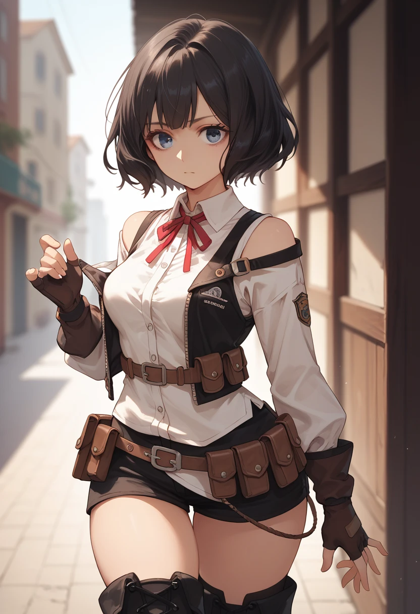 tino_shade, 1girl, short hair, black hair, red ribbon, blue eyes, medium breasts, white shirt, ribbon on neck, black vest, strapped vest, off shoulder, sleeves, brown gloves, fingerless gloves, wide hips, belt, pouch, black thigh high, black thigh boots,
anime coloring