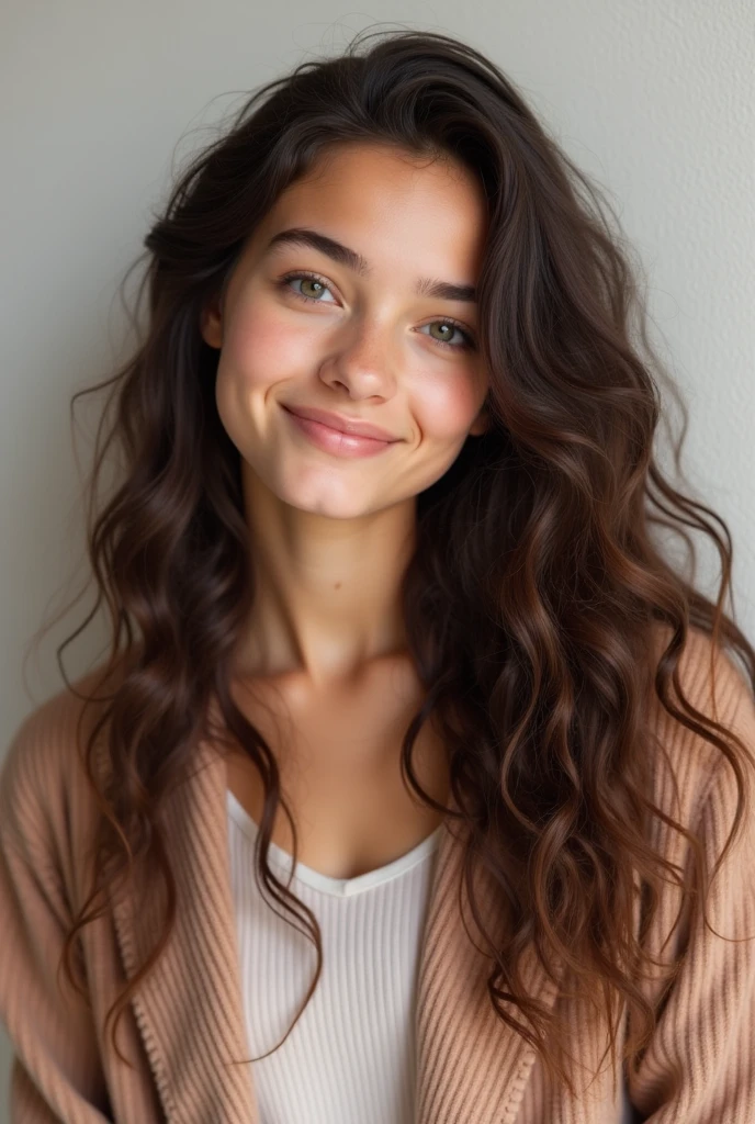 a stunning young woman with long, wavy chestnut brown hair that falls in loose curls down to her waist. She has slightly tanned skin and a smattering of freckles across her nose and cheeks that only add to her natural beauty. Her bright eyes are full of curiosity and are often sparkling with humor.
