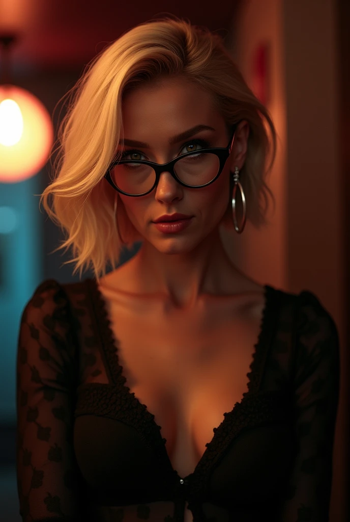 A beautiful blonde woman with a blonde bob, glasses, naked, with small breasts, wearing sunglasses, stands on a big city street at night under neon lights, blurred background, bokeh, photorealistic, (best quality, 4k, 8k, high resolution, masterpiece: 1.2), ultra-detailed (realistic, photorealistic, photorealistic: 1.37), cinematic lighting, dramatic atmosphere, vivid colors, intricate details