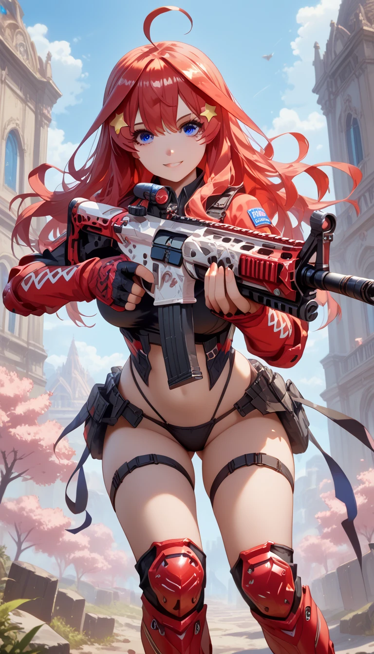 ultra-detailed, 1girl, itsuki nakano, ((masterpiece)), (best quality), (highres), 16K, perfect face, bangs, blue eyes, hair between eyes, ahoge, red hair, star \(symbol\), hair ornament, star hair ornament, wearing tactical gear, black thong, knee pads, busty body, large breasts and a beautiful ass, showcasing cleavage, legs, hips, holding assault rifle, looking at viewer, smile, detailed full body, streets background